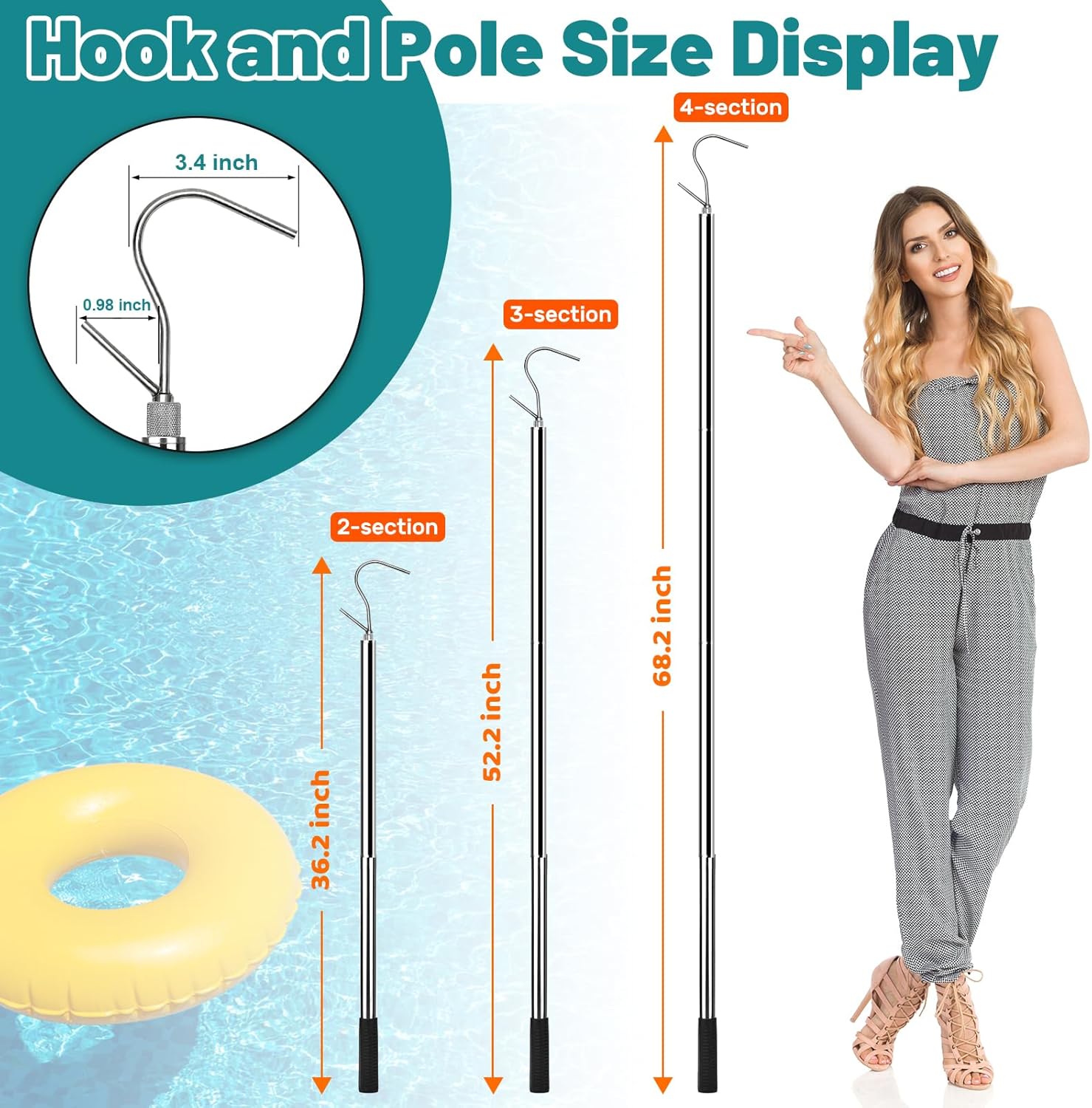 65 Inch Adjustable Pole with Net and Hook Multi-functional Pole Net Hook Tool Pool Skimmer Pole Net and Sturdy Truck Cargo Retrieval Pole Combo for Pool, Pond, Hanging and Removing Heavy Items