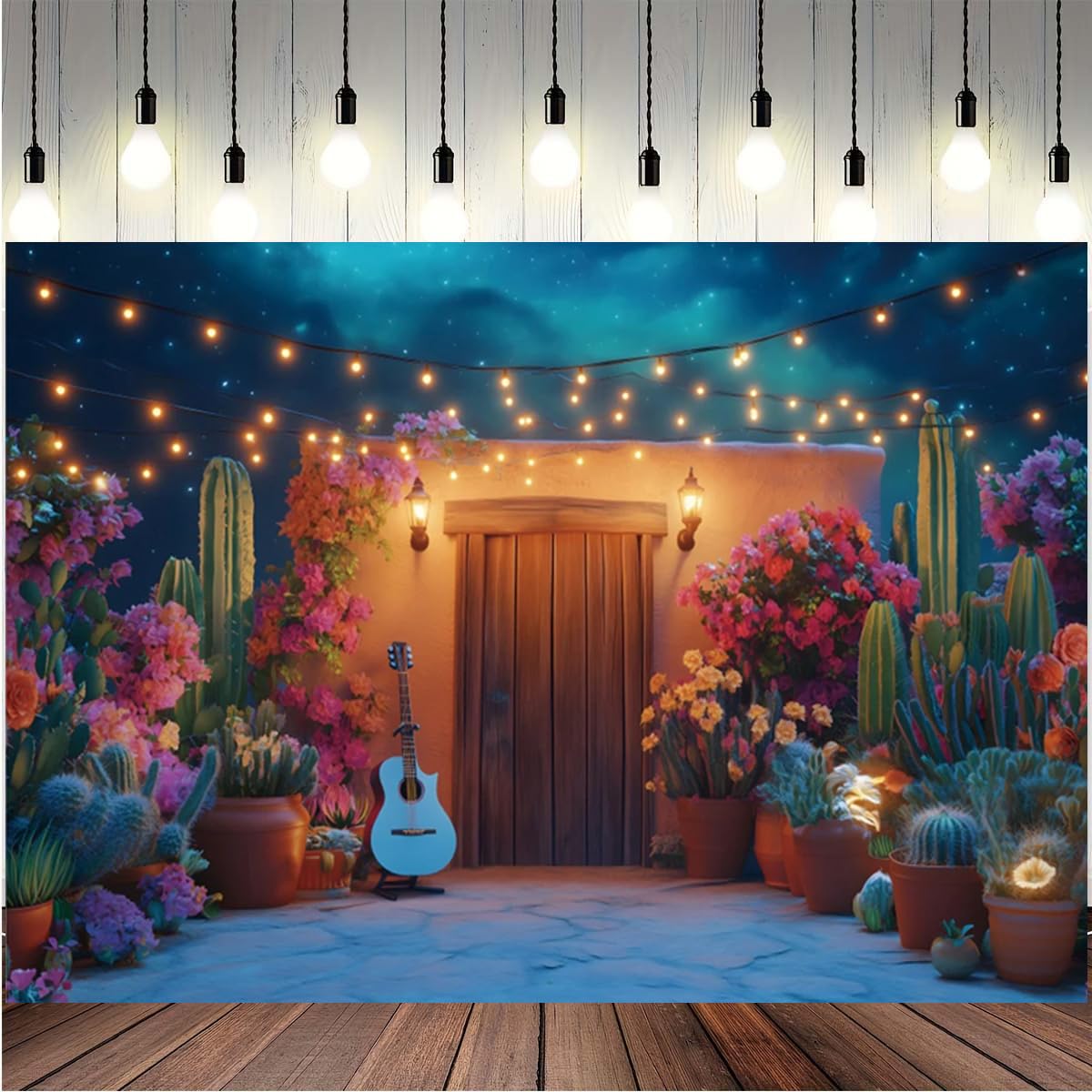 Mexican Fiesta Theme Photography Backdrop Greenery Guitar Cactus Rustic Wood House Carnival Party Decor Cinco De Mayo Mexican Party Backdrop (7X5FT)