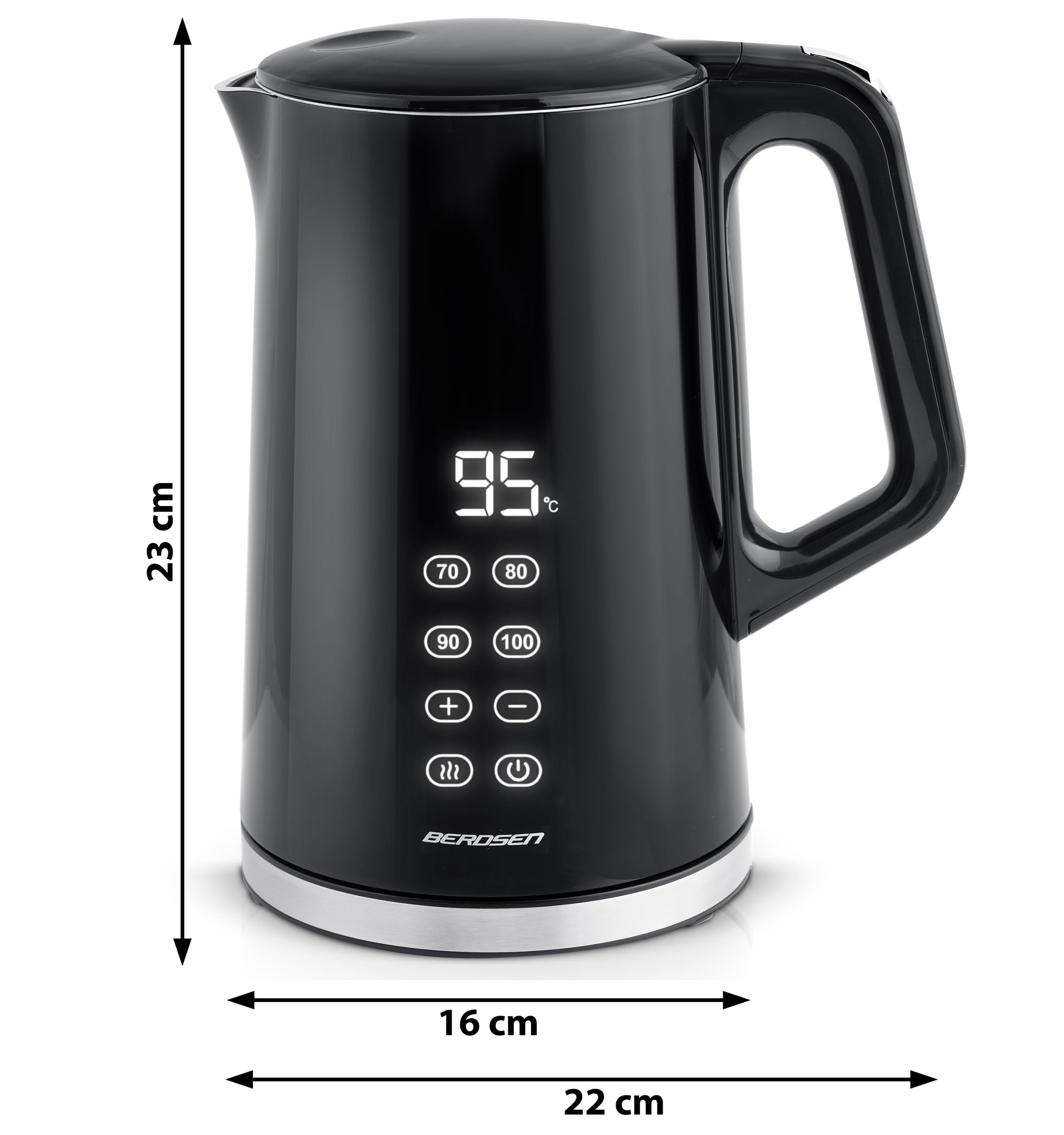 Berdsen Bollitore elettrico – 1,7 L – con regolazione della temperatura – Indicatore digitale della temperatura a LED – Protezione contro il funzionamento a secco – Base a 360° – Nero