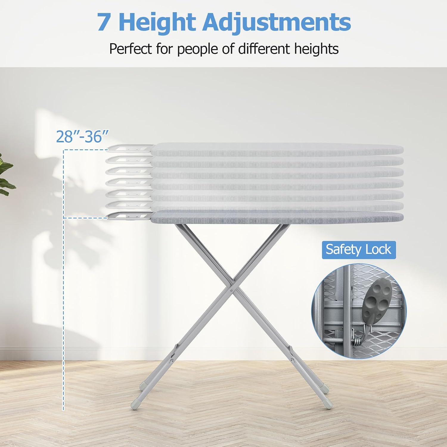 Giantex Full Size Ironing Board with Iron Rest, 57" x 15" Carbon Steel Table with 7-Level Height & Heat Resistant Cover, Foldable 4-Layer Iron Board for Home, Dorm & Laundry Room (Gray)