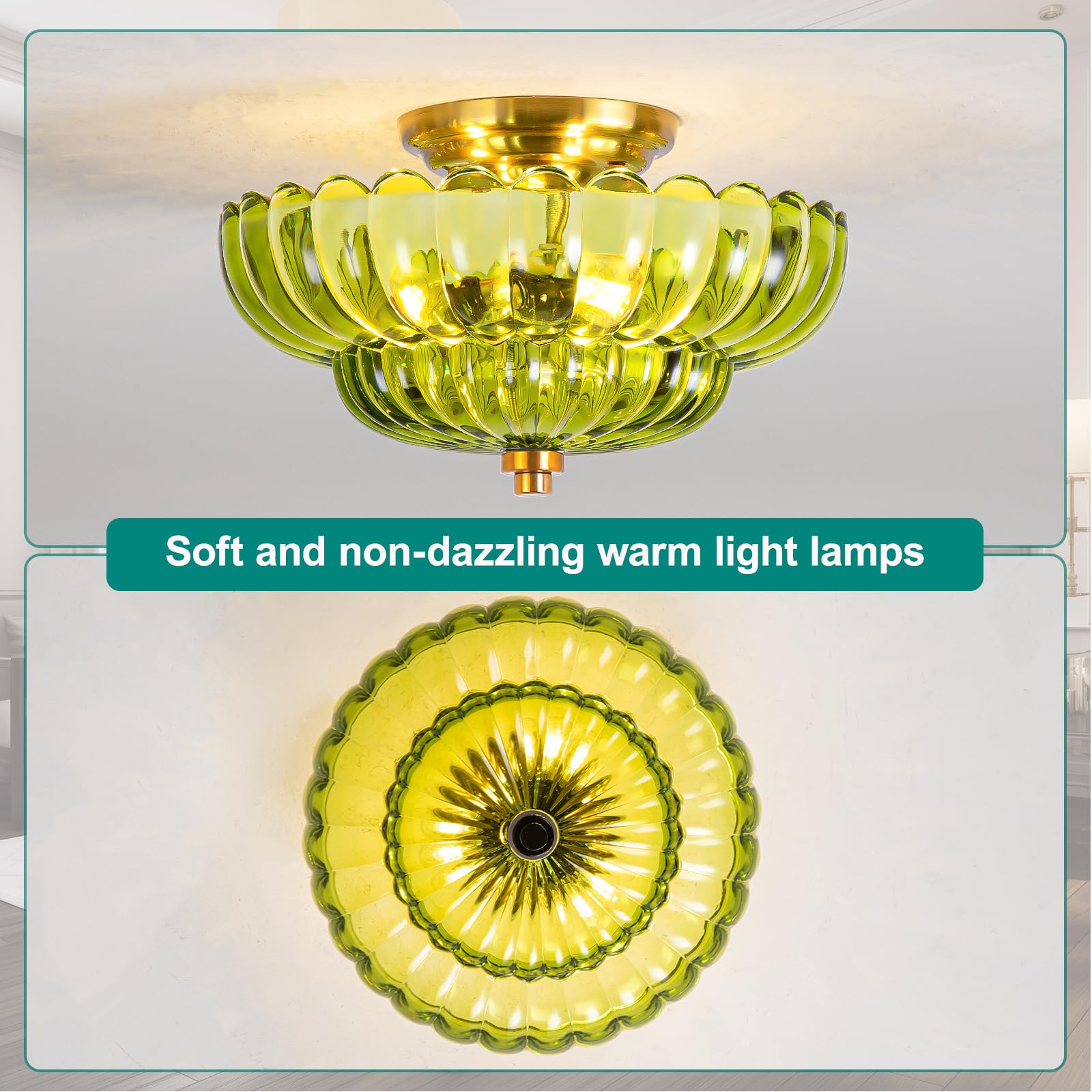 Lampa sufitowa w stylu vintage z kloszem, zielone szkło, E27, 30 cm, pół-prosta, zielona lampa sufitowa w stylu vintage, kwiaty, szkło, do sypialni, korytarza, kuchni, jadalni, salonu