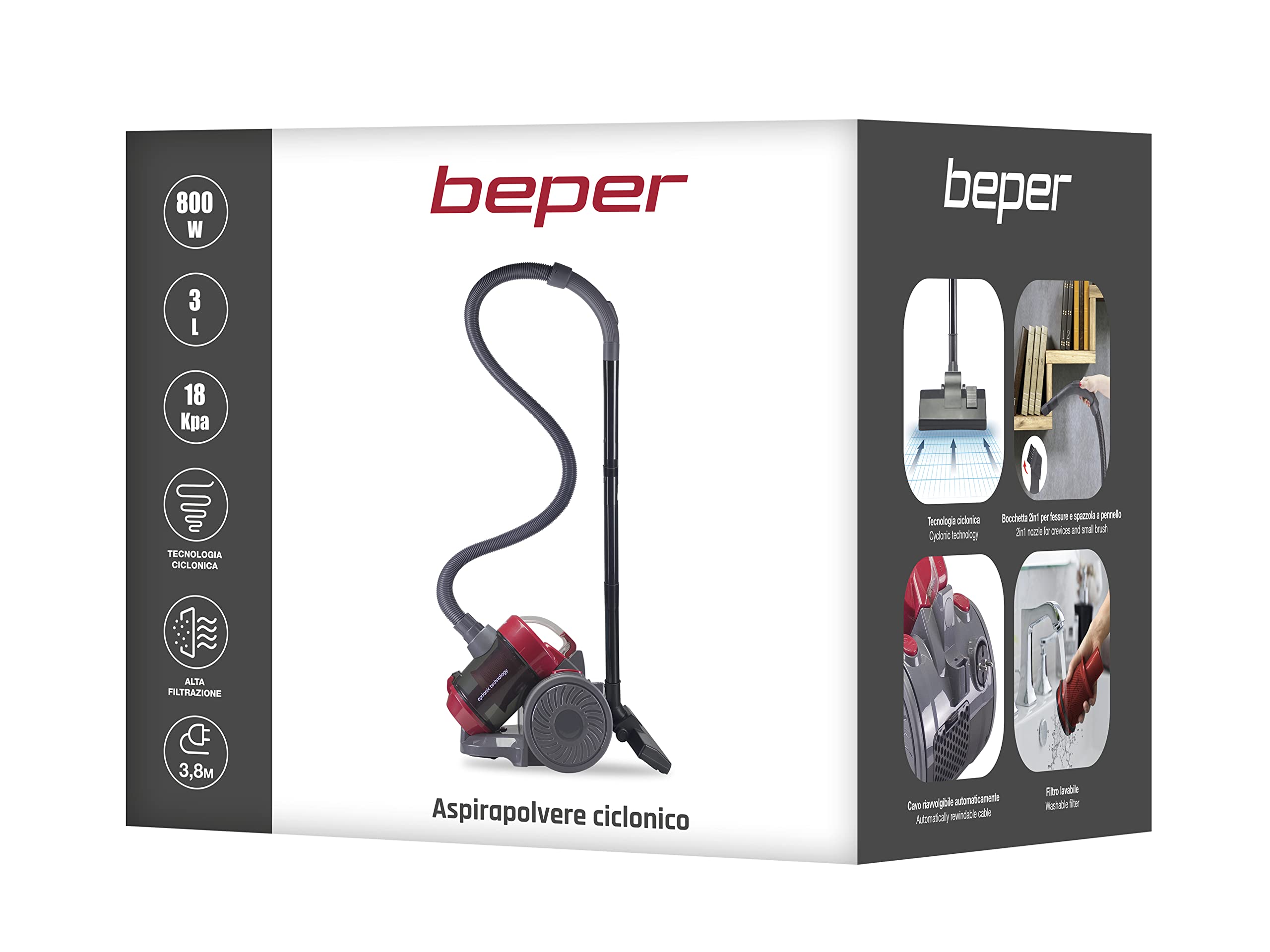 BEPER P202ASP200 Aspirapolvere con Filo Potente Senza Sacco - Aspirapolvere a Traino Ciclonico, Compatto 3 Litri