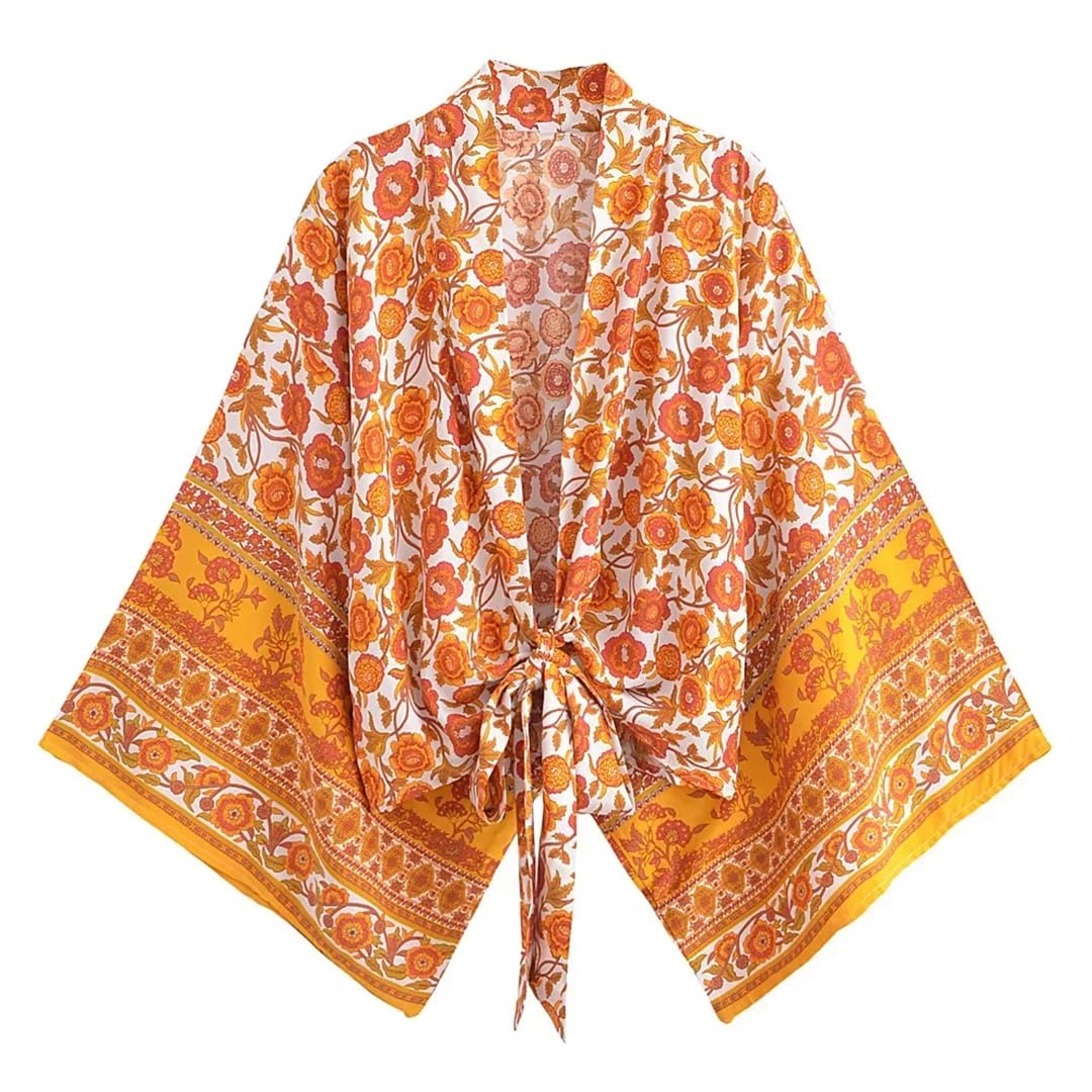 Kimono corto con estampado floral para mujer, cuello en V, mangas murciélago, bata bohemia para cubrir el bikini