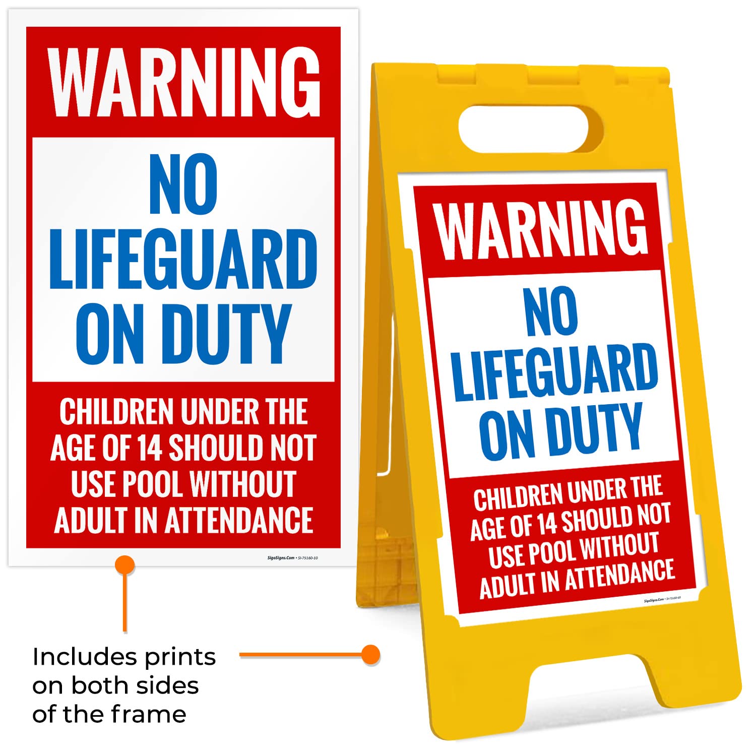 No Lifeguard On Duty Children Under 14 Do Not Use Pool Folding Floor Sign, 10x16 Inches, with A Frame Stand, Made in USA by Sigo Signs