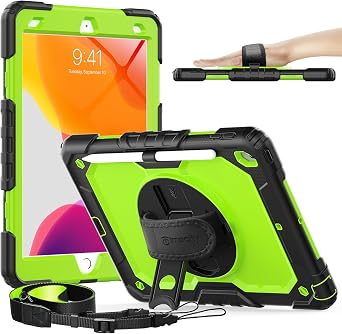 Timecity Case for iPad 9th/ 8th/ 7th Generation 10.2 inch - Heavy Duty Protective Cover with Screen Protector, Rotating Stand, Shoulder Strap & Pencil Holder | Kids-Friendly Green
