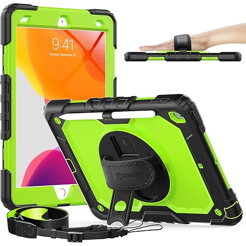 Timecity Case for iPad 9th/ 8th/ 7th Generation 10.2 inch - Heavy Duty Protective Cover with Screen Protector, Rotating Stand, Shoulder Strap & Pencil Holder | Kids-Friendly (Green)