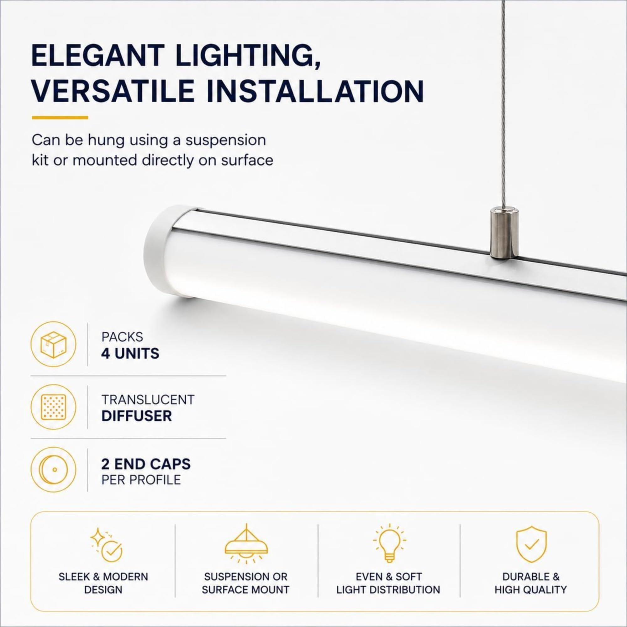 Jandei Confezione da 4 profili in alluminio da 1 metro per installare strisce LED sospese o in superficie, tubo per luci, copertura traslucida Ø 31,7 mm, tappi finali e viti