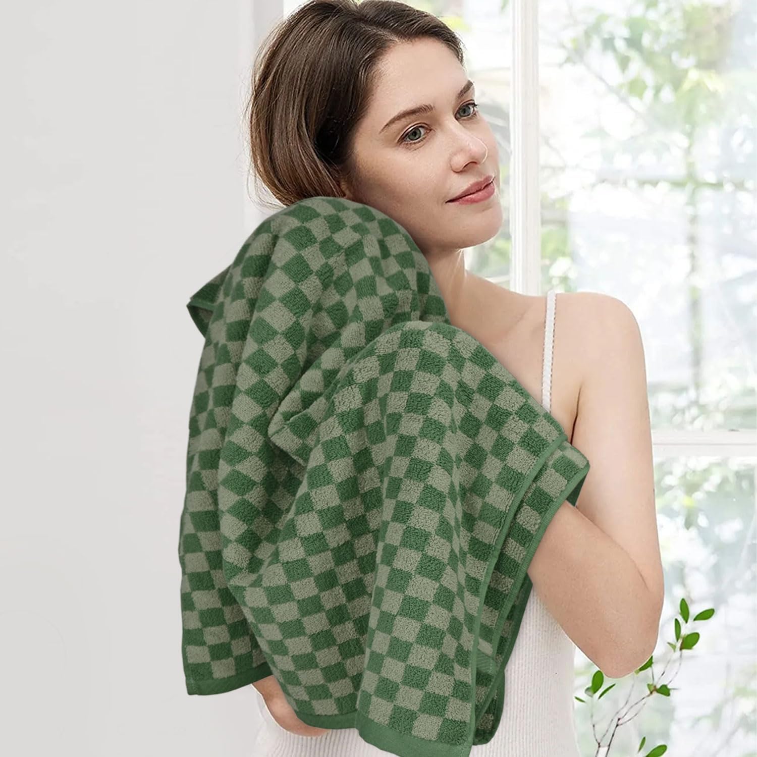 Jacquotha Toallas de baño de Lujo para baño, Color Verde a Cuadros (54 x 28 Pulgadas), Toallas de Ducha de algodón Suave y absorbentes, Paquete de 2 Toallas de Ducha de Uso Diario, Ligeras, de Secado