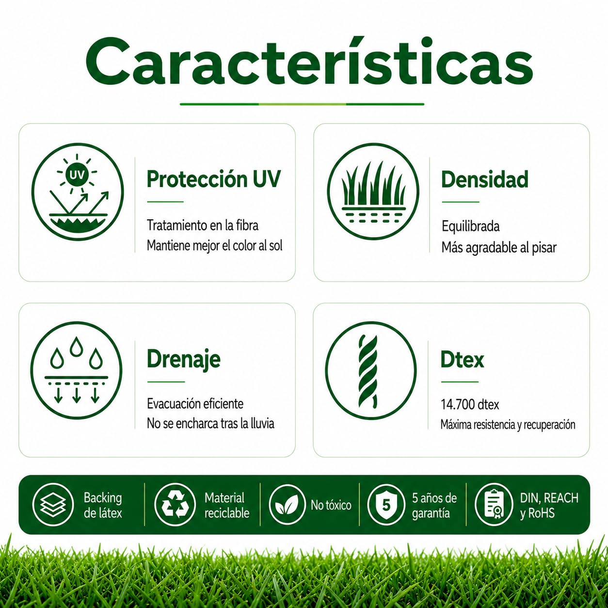 Césped Artificial KENIA 40 mm - Realismo, Durabilidad y Confort para Jardines y Terrazas - 14.700 DTEX - Drenaje de 800 l/h/m² - Rollo 2x5 Metros