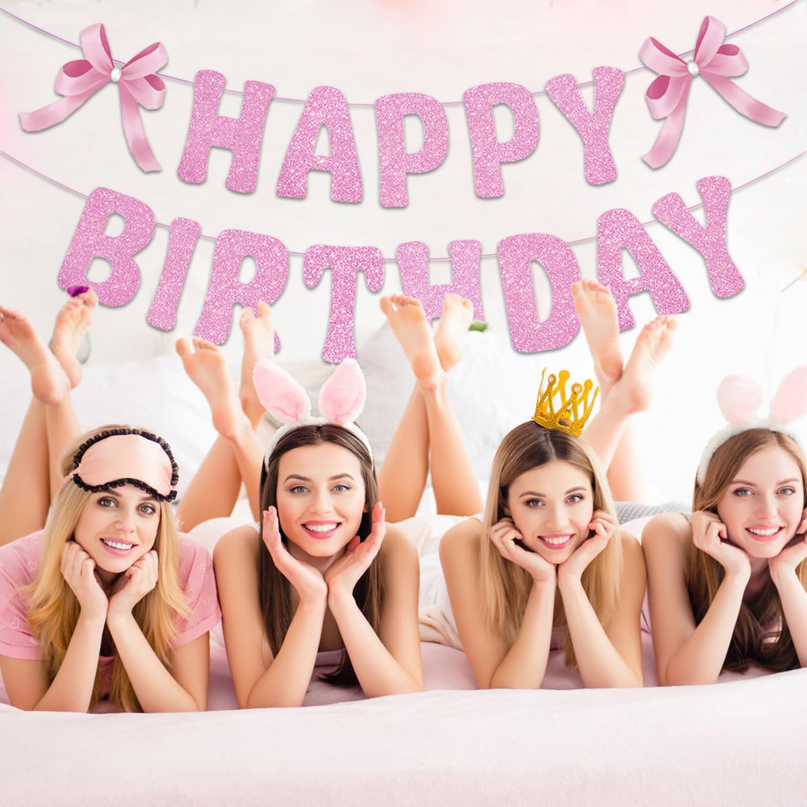 Striscione Buon Compleanno Rosa 1.8m Scritta Happy Birthday Appendere con Fiocco Festone di Compleanno per Donne, Ragazze Happy Birthday Rosa Decorazioni