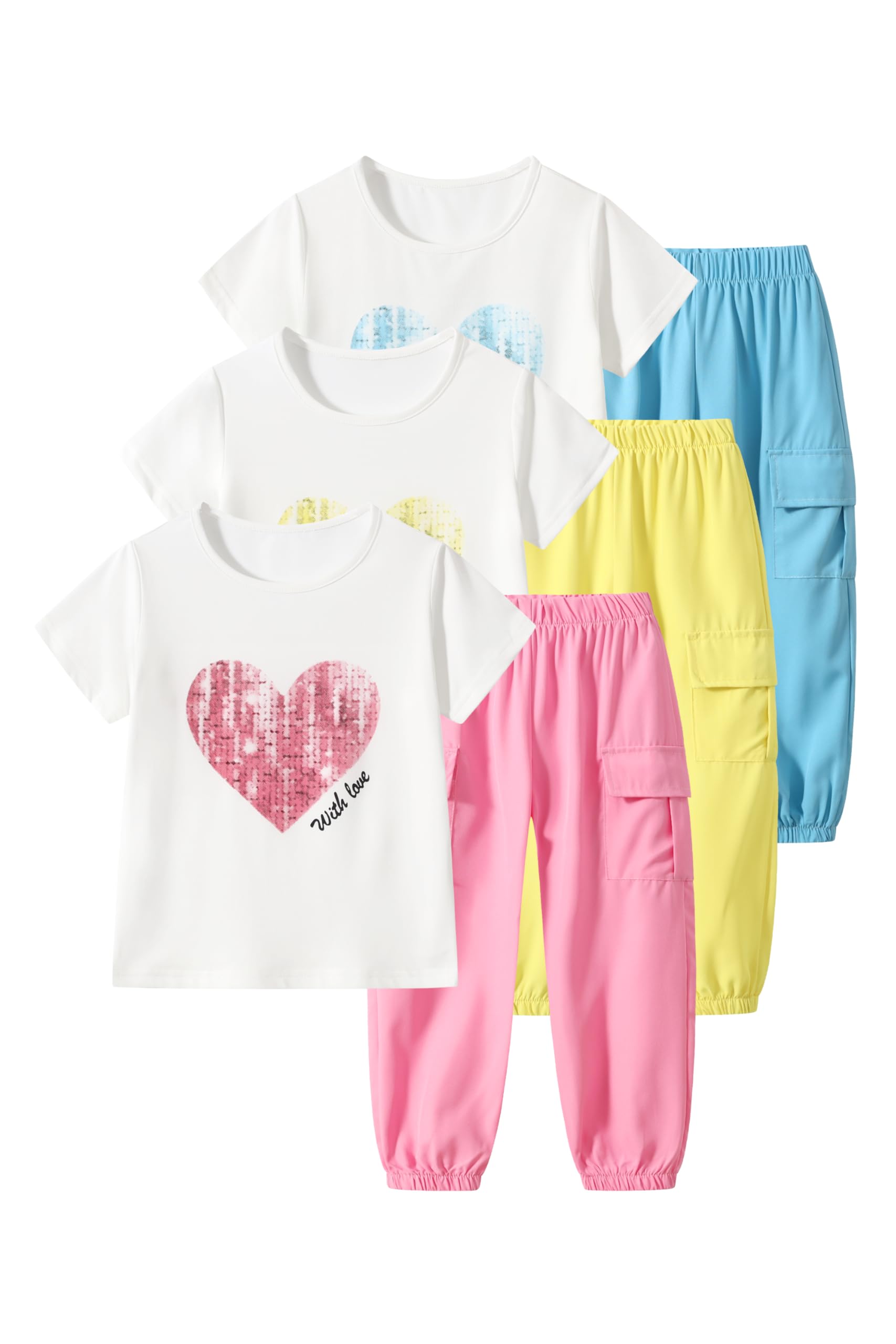 Girls 6 Piece Outfits Casual Cargo Jogger Pants and Basic Love Graphic Print Short Sleeve Top Set 4-12 Years