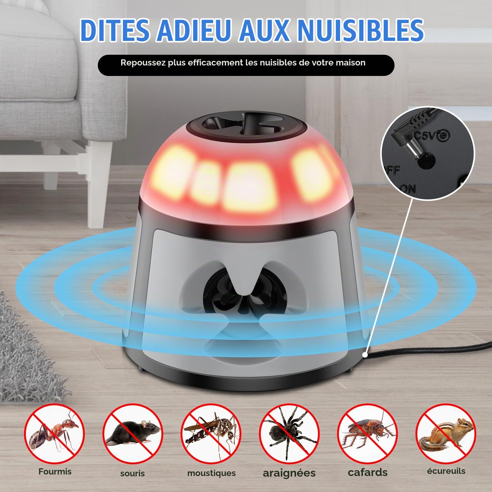 Ultrason Souris et Rats 360°, 4 Modes Répulsif Souris avec Lumière Clignotante, 200 M² Répulsifs Anti-Taupes Anti Souris Plug in, Extérieur Intérieur pour Rongeurs, Araignées, Cafards, Mites