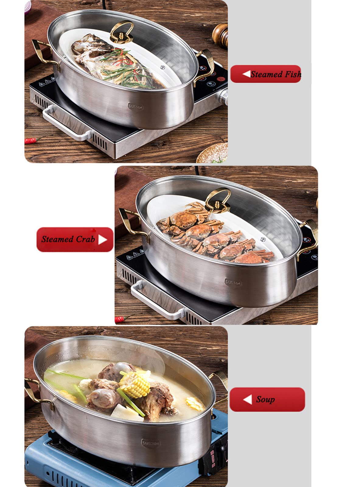 Pentola a vapore ovale in acciaio inox 304 resistente, multiuso, ellittica, con rastrelliera, padella in ceramica, clip antiscottatura, coperchio in vetro ventilato per cuocere a vapore pesce, zuppa