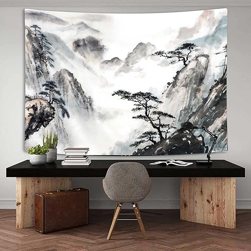 Hjokiupt Tapiz japonés, pintura de paisaje asiático, tinta oriental, acuarela, árbol de montaña, decoración abstracta de dormitorio, tapiz con