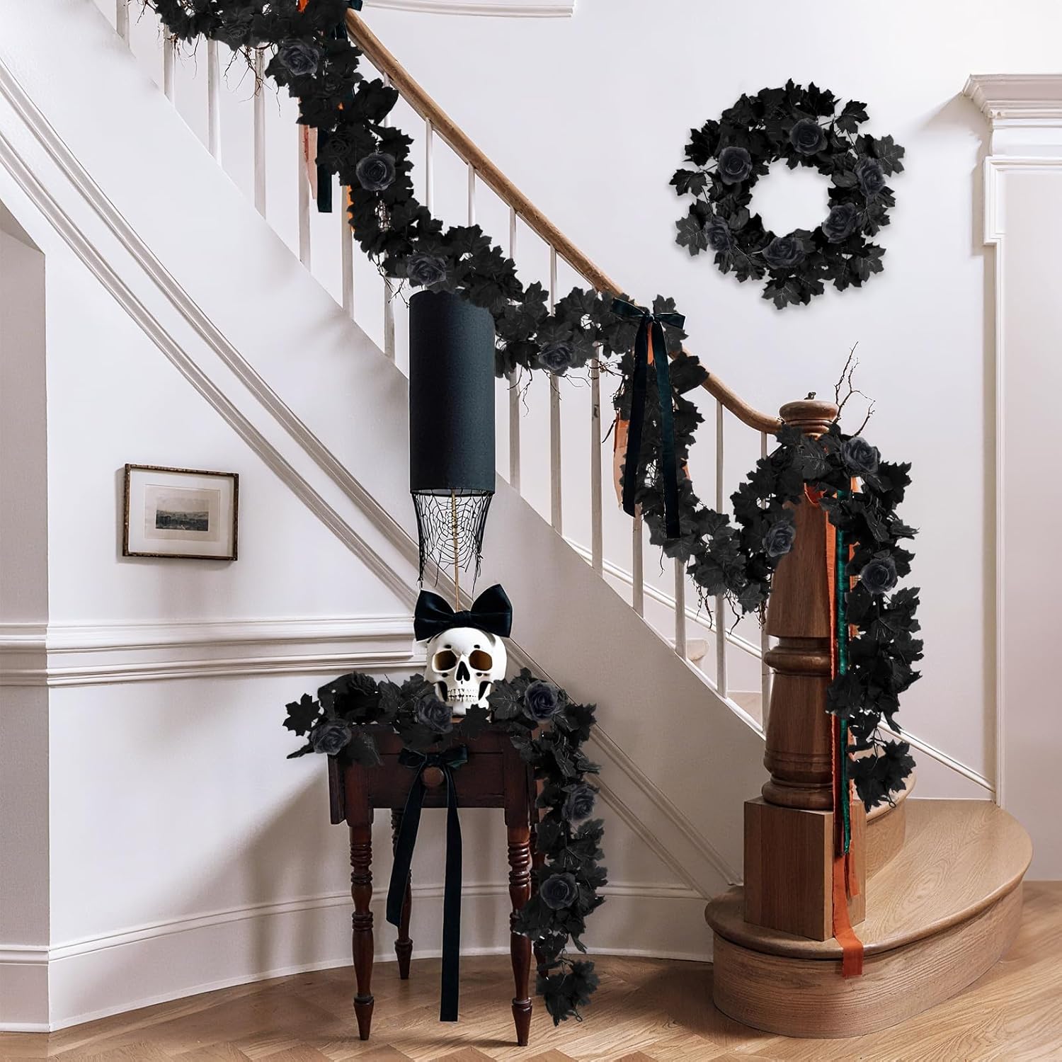 SJL 2 Pack Black Maple Leaf Garland Halloween Outdoor Garland Fake Rose Vines Hanging Fall Leave Vines Gothic Desk Accessories for Halloween Party Spooky Home Haunted Fireplace Decorations (Black) - Image 5