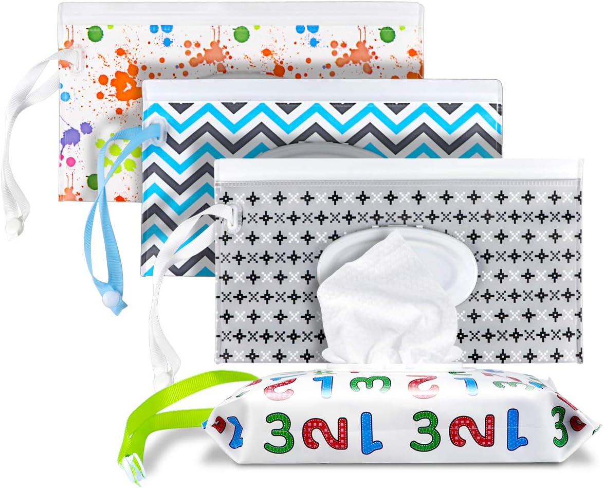 DOERDO 4 Pieces Portable Wet Wipe Pouch Bags Set, Baby Wipe Holder