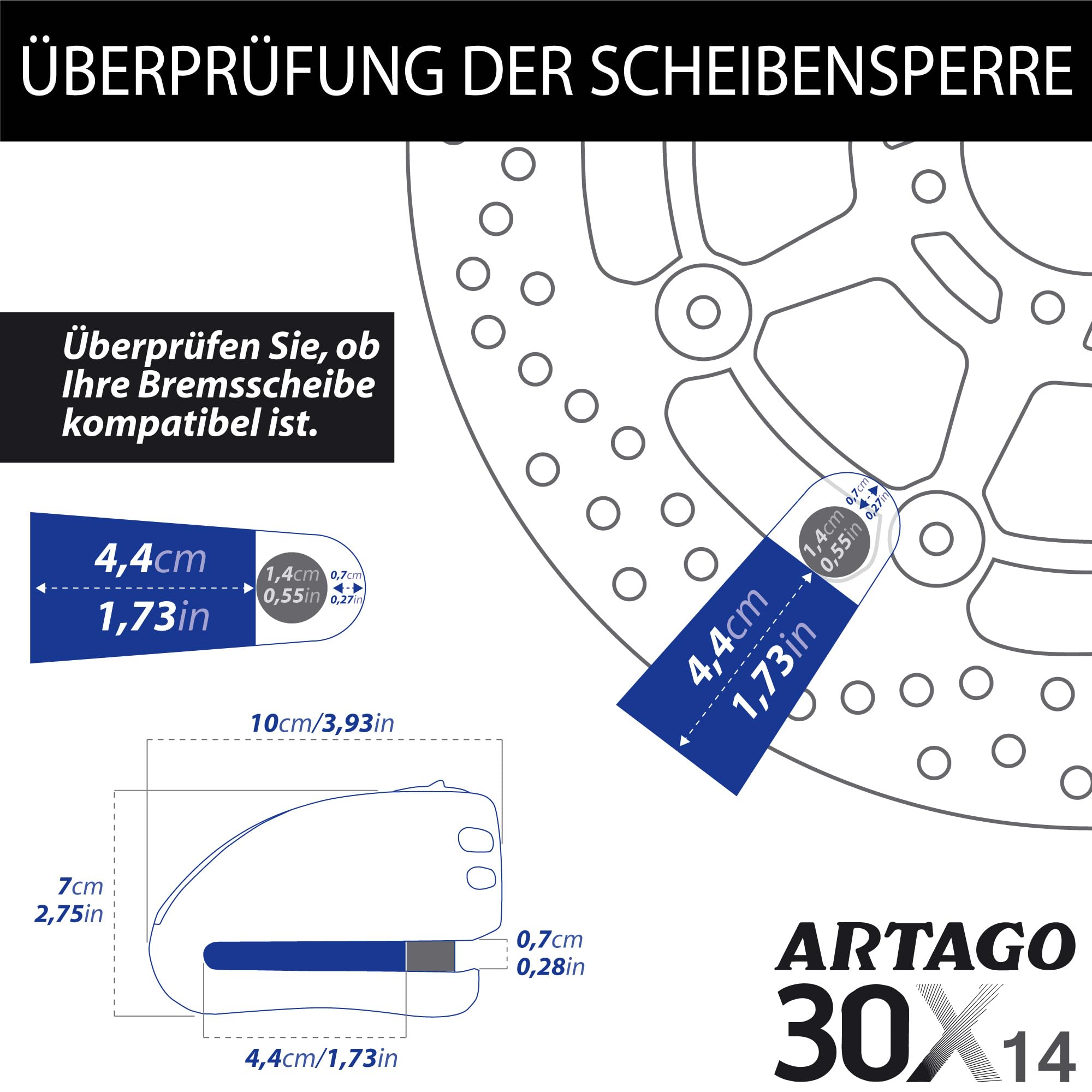 Artago 30X14 Motorradschloss Bremsscheibenschloss Alarm Don't Touch 120 dB hochwertig, ø14 Doppelverriegelung, Sold Secure Gold SRA homologiert, Bunker Selection, Schwarz/Gelb, 14 mm