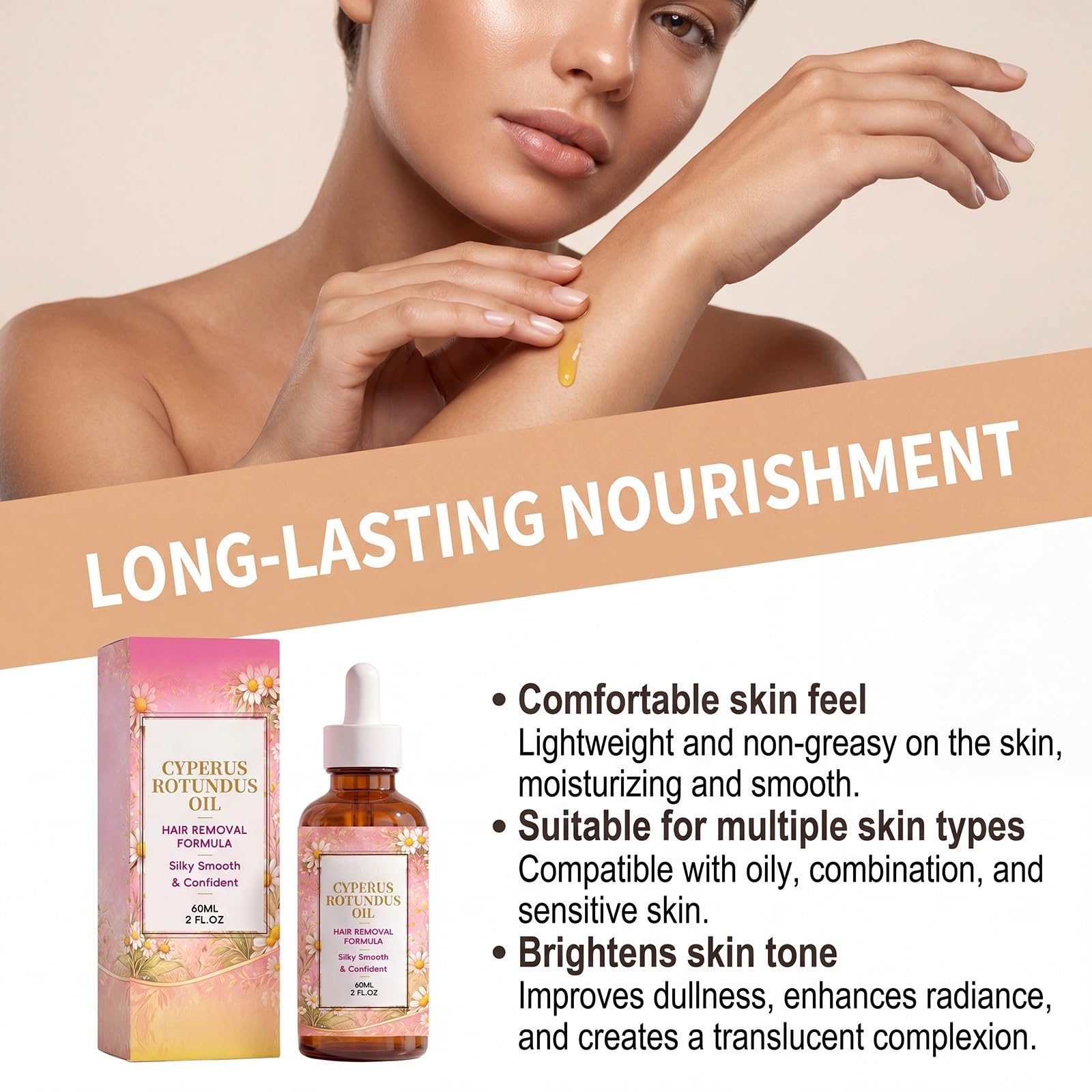 60 ml Naturalny olejek Cyperus Rotundus, premia formuła depilacji, nawilżająca i kojąca, redukuje owłosienie ciała, miękki olejek odpowiedni do wszystkich rodzajów skóry (6 szt.)