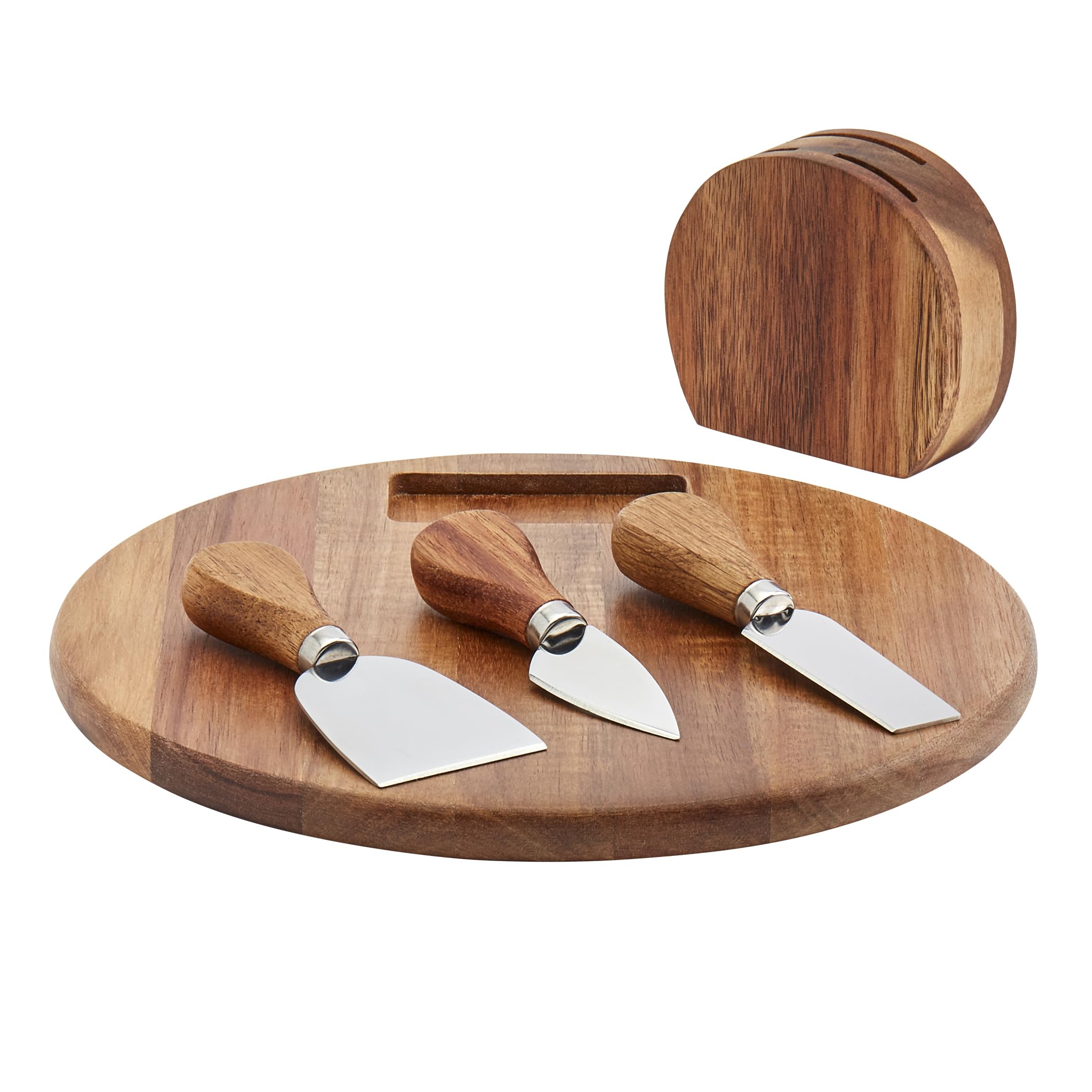 Tabletops Gallery Acacia Wood Cheese Serving Board with Handle, Knife Block, and 3 Cheese Knives, 5-Piece Set for Charcuterie Appetizers Entertaining