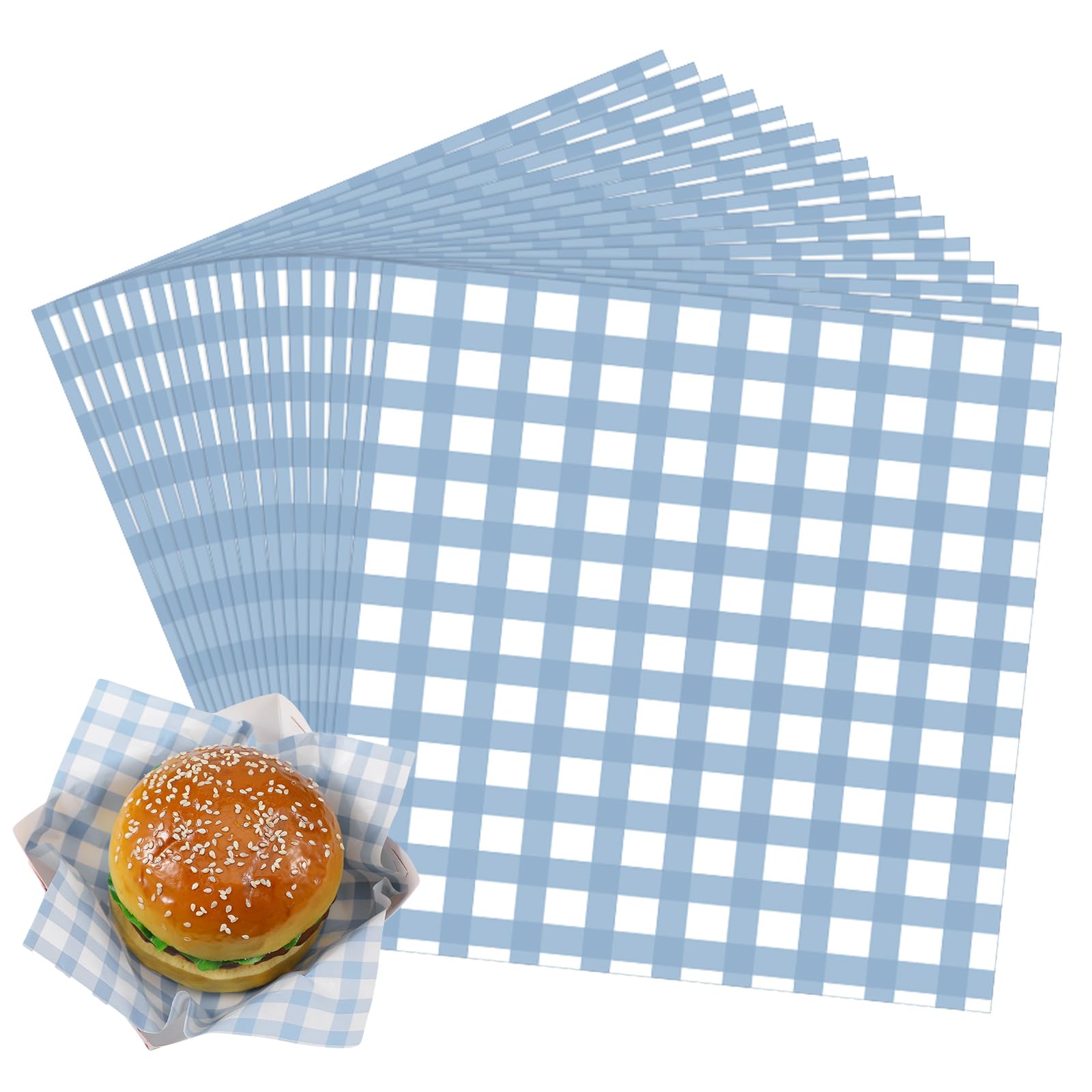 Honeydak 200 Pcs Checkered Wax Paper Sheets 7 x 7 Inch Checkered Deli Paper Sheets Food Basket Liners for Sandwich Burger Greaseproof Food Wrapping, Outdoor Picnic Disposable Serving(Blue)