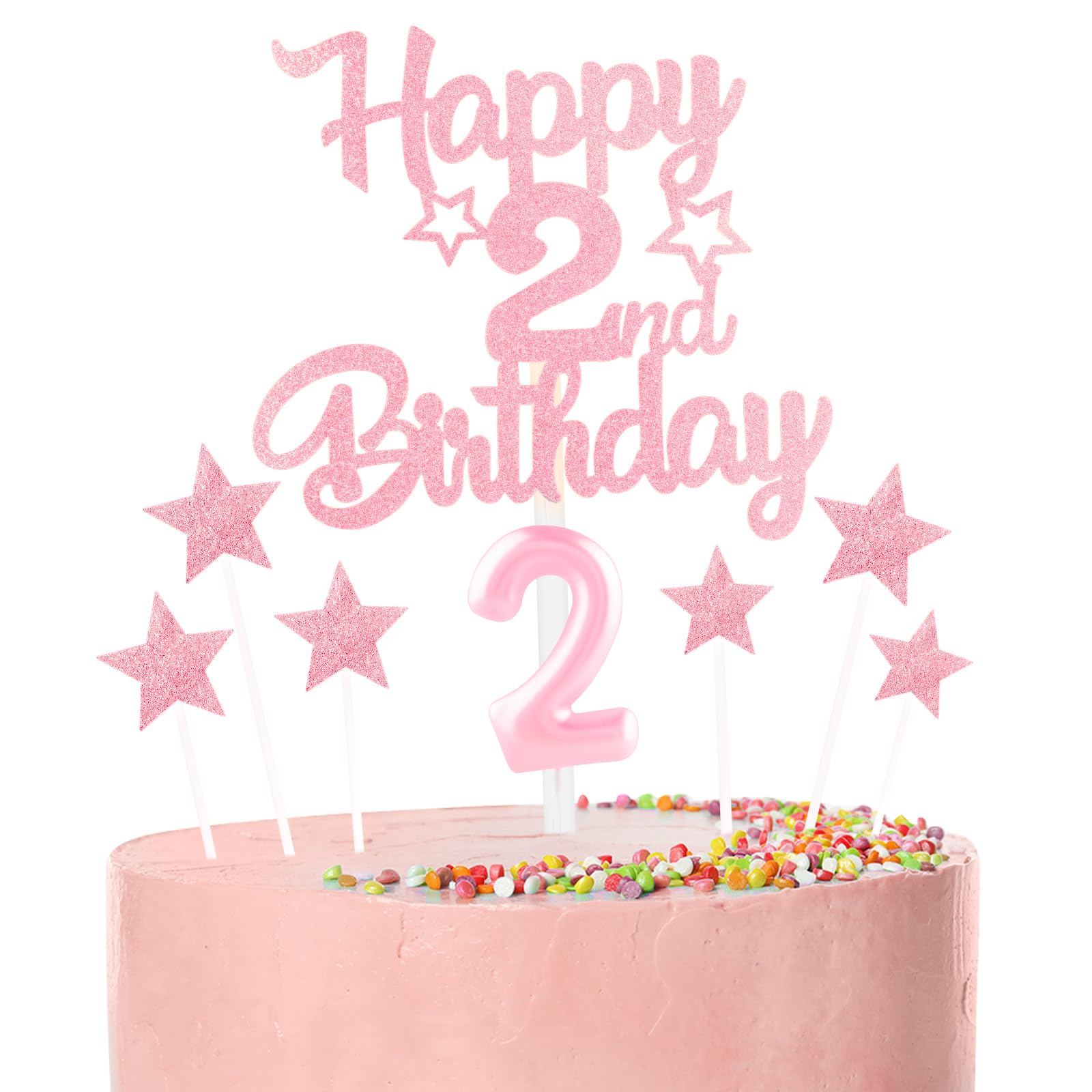 Pink Happy 2nd Birthday Candles Cake Topper Set,Glitter Number 2 Birthday Candles with Pink 2nd Birthday Cake Toppers Star Cupcake Toppers for Girls Anniversary Decorations โ image 1