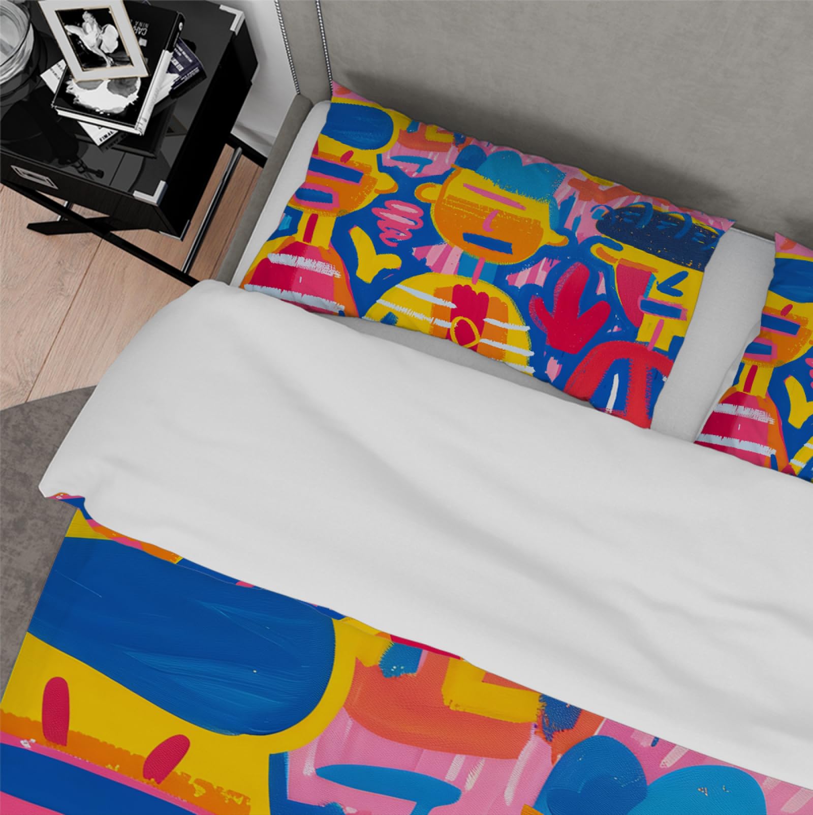 Kolorowy zestaw poszewek na kołdrę w stylu graffiti 3-częściowy zestaw pościeli z motywem kreskówek ze słodkimi postaciami z 2 suwakami i 4 krawatami 160 x 200 cm