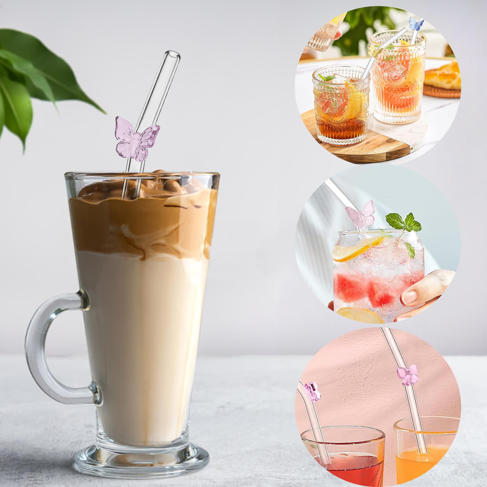 Pajitas Cristal,6 Piezas Pajitas de Cristal Reutilizables,Pajitas de Cristal MariposaTransparentes Cristal para Cócteles con 2 Cepillo Limpiador,para Té de Burbujas,Granizados,Cócteles,Zumos