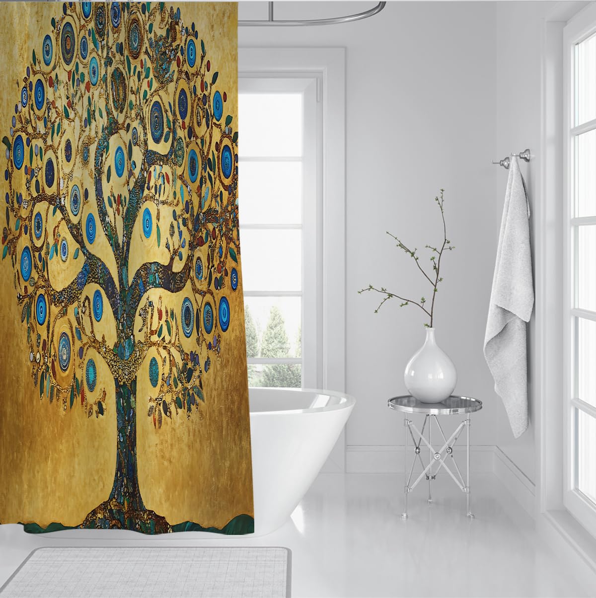 Exotischer Stil Duschvorhang Prächtiger Baum-des-Lebens-Muster Badezimmer-Duschvorhänge mit C-förmigen Haken Nassraum-Dekoration Waschbar 200 x 240 cm