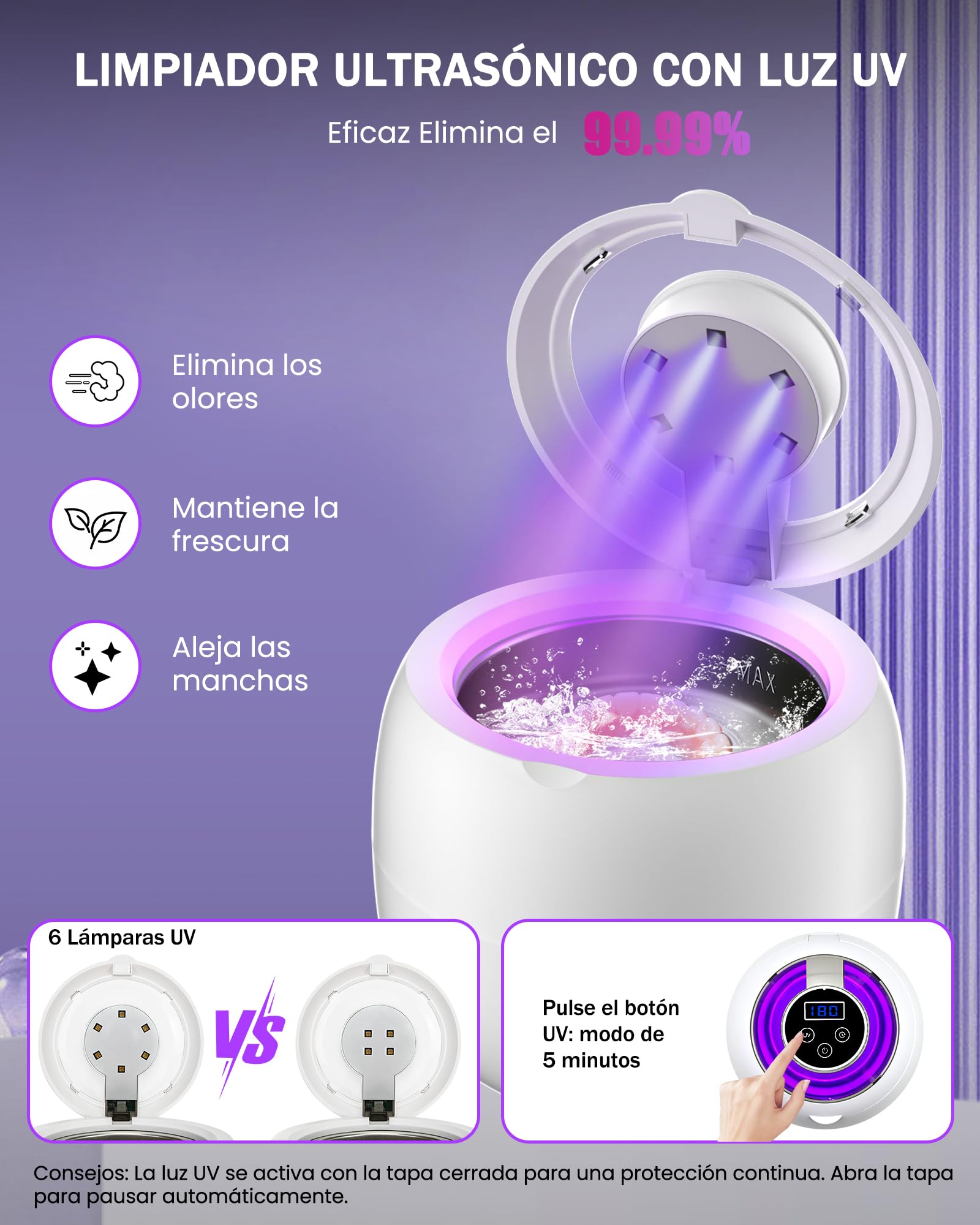 LONGYI 45KHz Limpiador Ultrasonidos Dental, Cápsula Dental de 210 ml con 6 Lámparas UV, Batería Incorporada, 4 Ajustes de Temporizador, Limpiador Ultrasónico para Dentaduras Postizas
