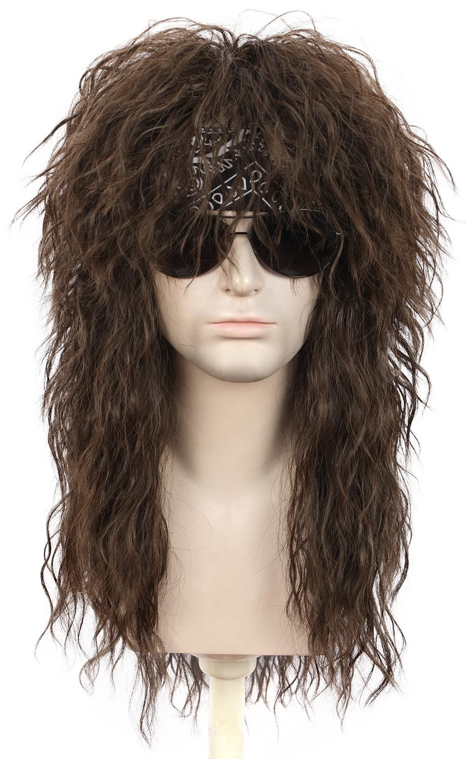 Karlery Men 70s 80s Rocker Metal Mullet Wig with Bandana Long Curly Brown Punk Wig Halloween Party Wig, 21-24 pollici/54-62 cm - Image 2