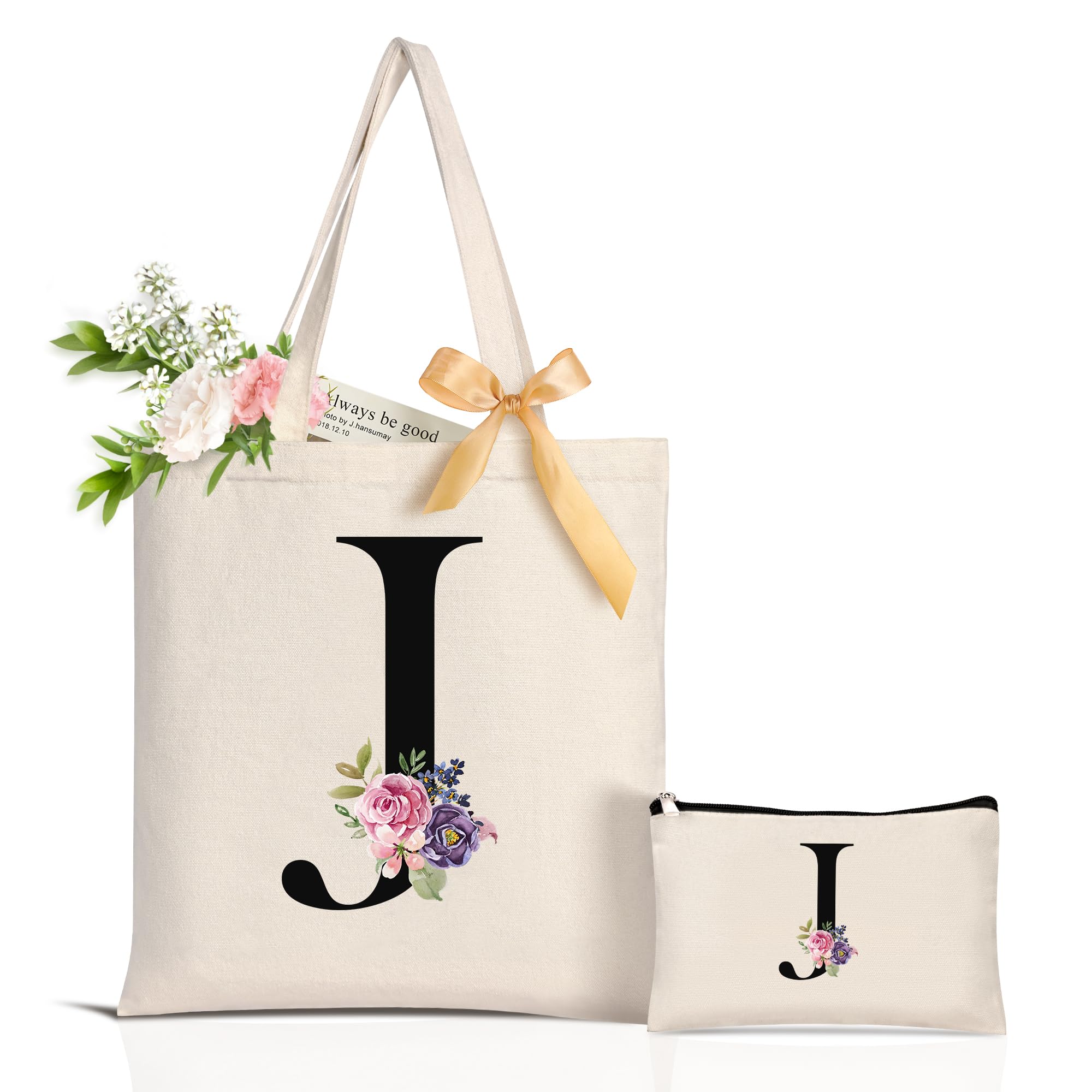 AUNOOLMonogram Tote Bag for Bridesmaid Wedding Day, Initial Canvas Makeup Bag with Zipper, Personalized Birthday Gifts for Women Mom Grandma Sister Friends, White, L