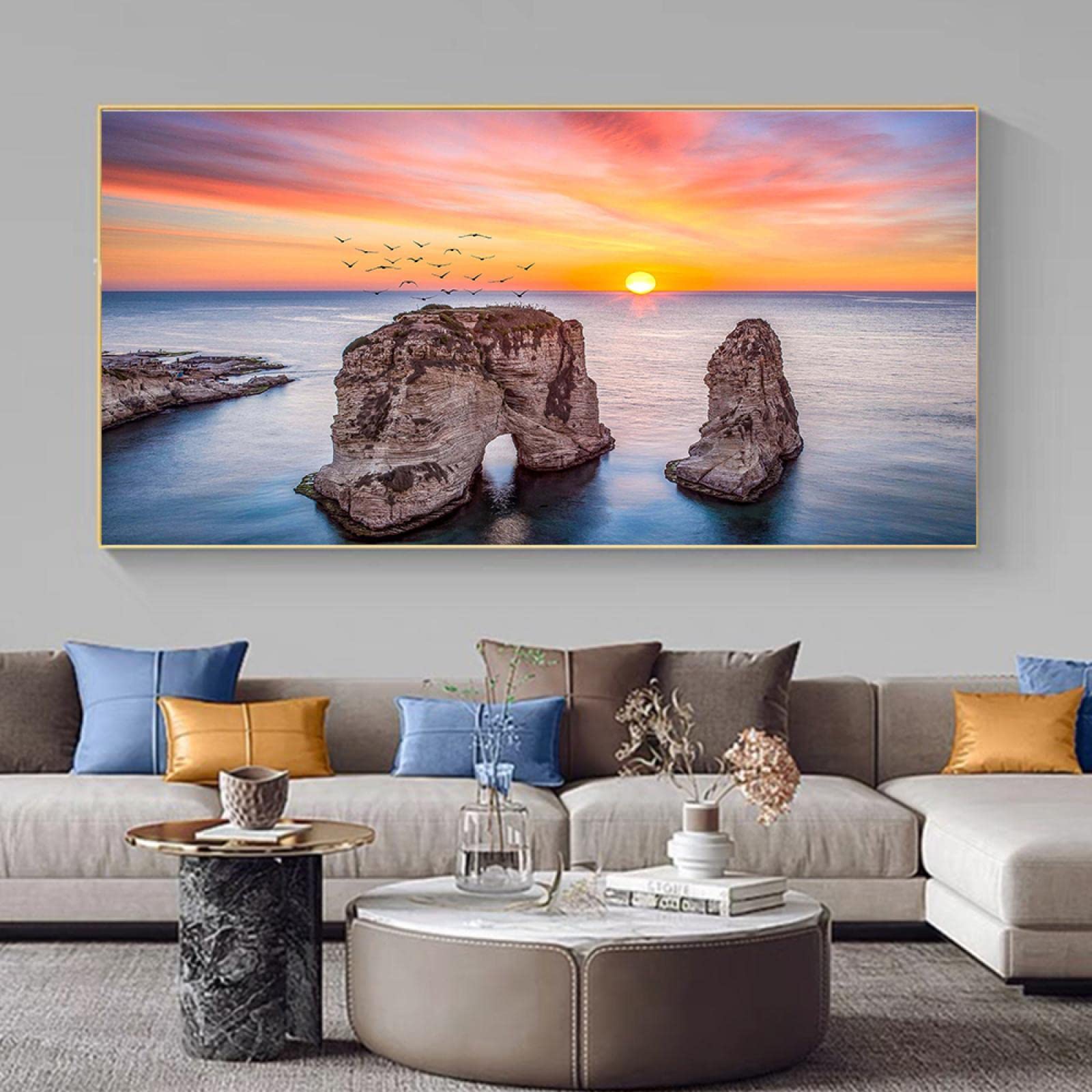 Amazon.co.jp: 北欧砂浜岩夕日海海岸キャンバス絵画風景ポスターと 