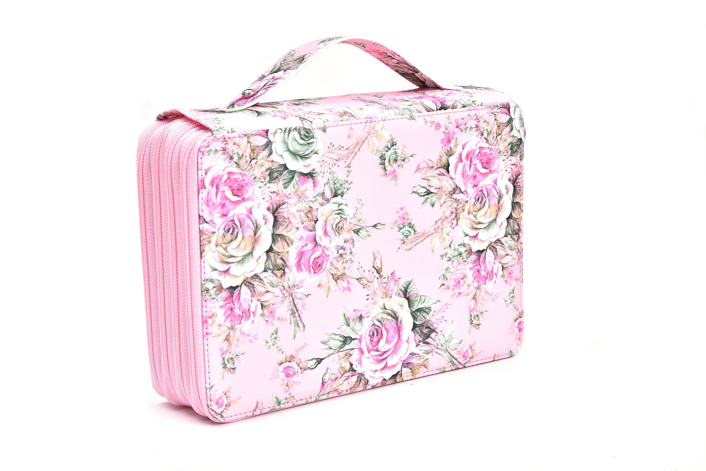 Becho Multifunction Zipper Soft Leather Pencil Case with Multi-Layer Zipper Separation High Capacity Holder Pouch Pen Bag Colored Flower Pencil Pen Box 200 Slots (Pink) - Image 3