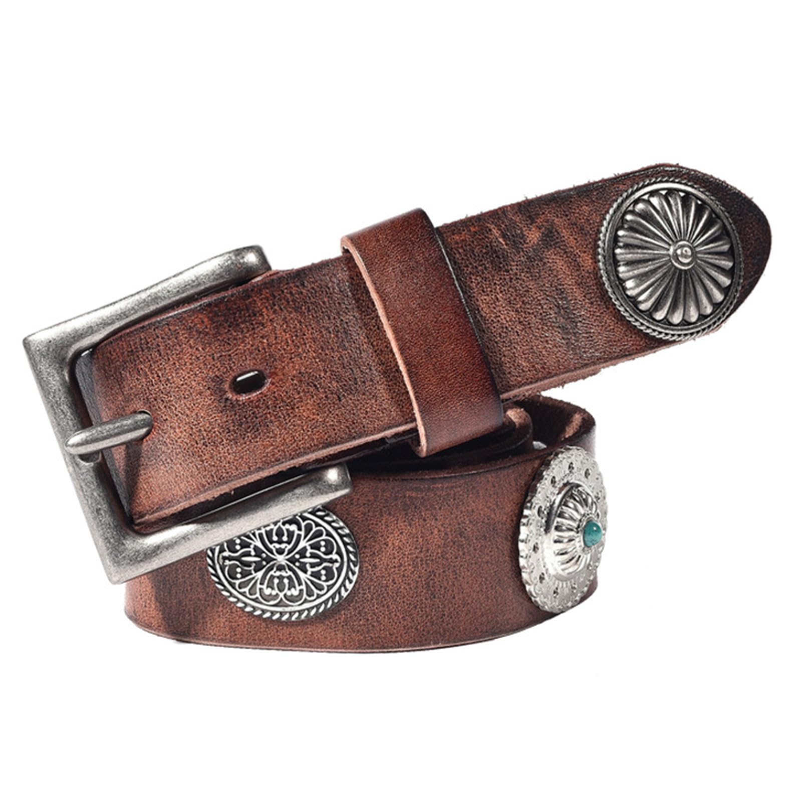 Punk Nietengürtel Ledergürtel Handgemachter Prägung Blumenniete in Kreisförmiger Anordnung Western Gürtel Rechteckige Schnalle Für Jeanshosen(125cm/waist:43", Brown)
