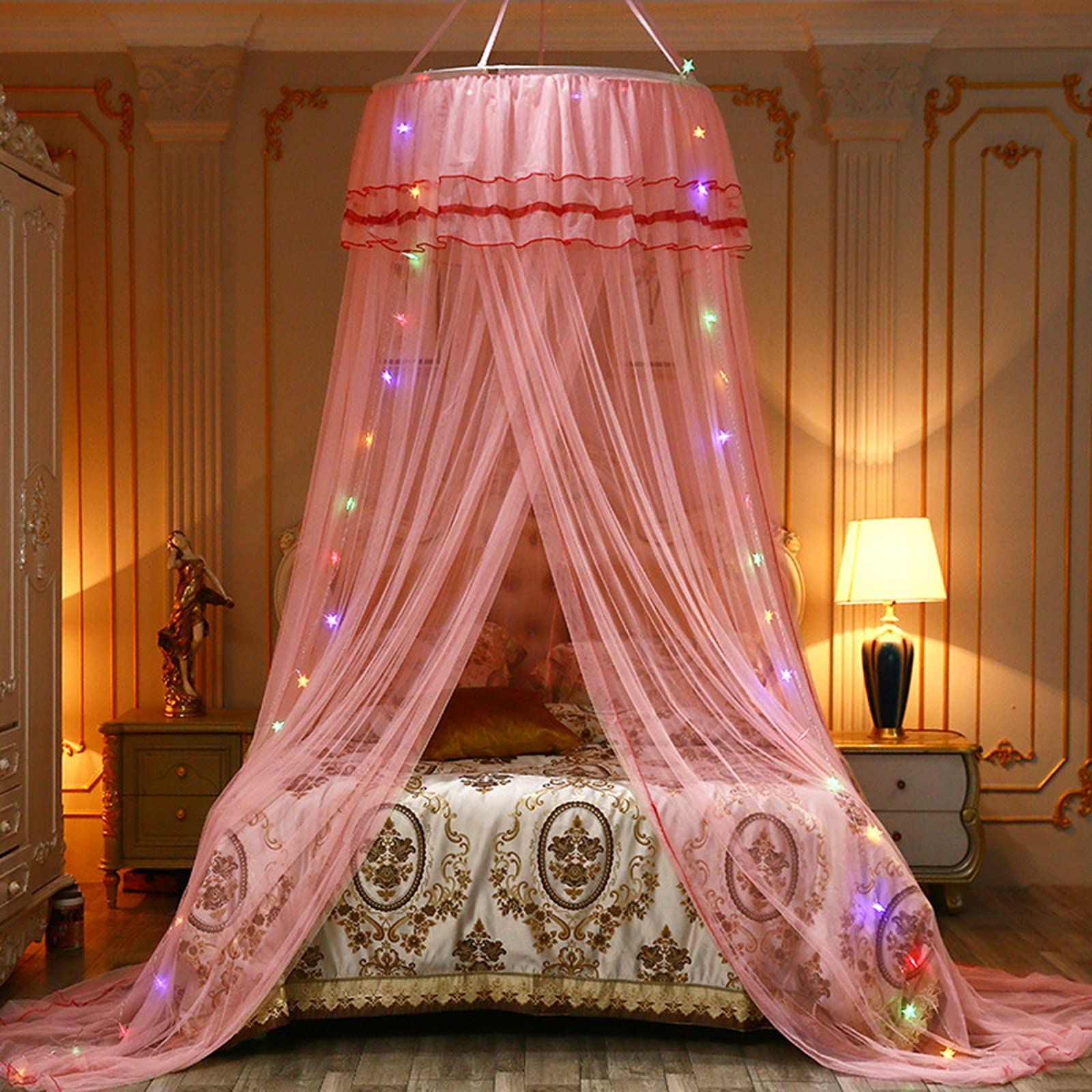 Moustiquaire en forme de dôme et baldaquin de lit de princesse avec guirlandes lumineuses