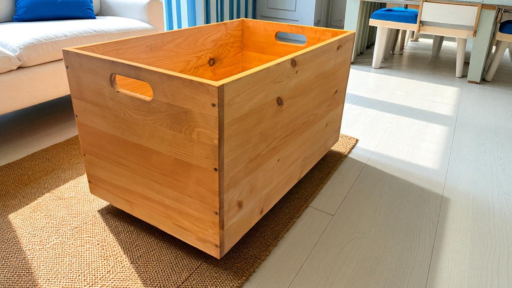weeco Holz-Aufbewahrungstruhe mit Rollen, 73 x 45 x 40 cm, Kiefernholz, Eichenfarbe, Multifunktionale Lagerkiste für Kaminholz, Spielzeug, Decken