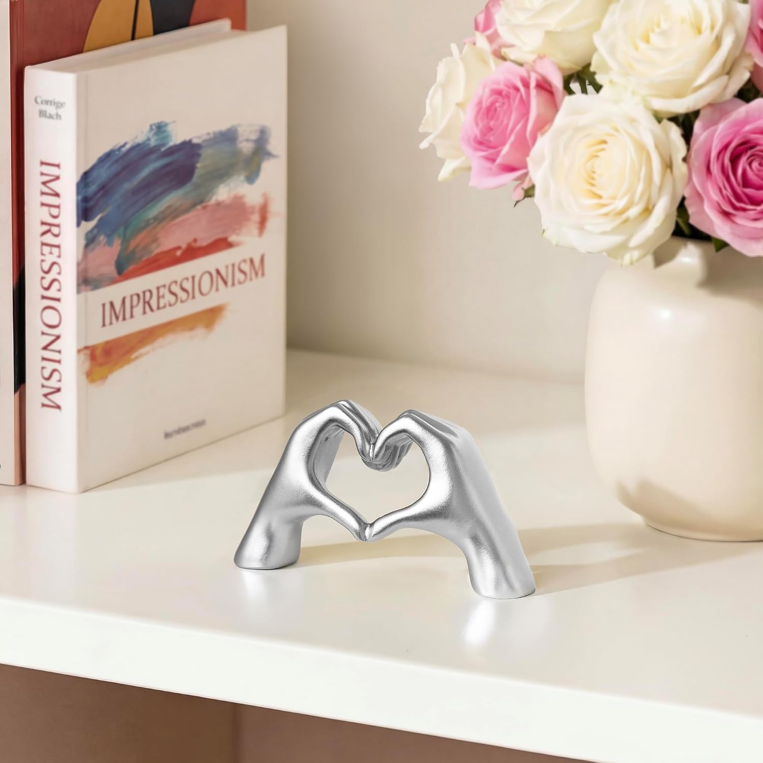 Gold Decor Living Room - Small Shelf Decor Aesthetic - Heart Hands Sculpture - Teen Girls Bedroom Knick Knacks - Cute Home Shelves Accent - Ta (Silver, Mini) image 4
