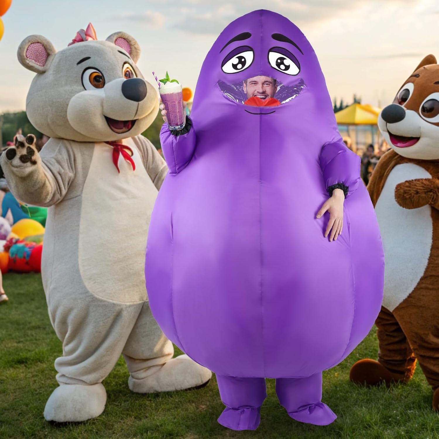 Inflatable Grimace Costume, Halloween Funny Full Body Purple Grimace Blow up Adult Mascot Suit Cosplay Party for Men Women