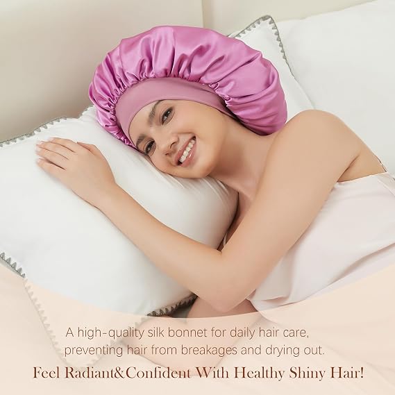 ROYBENS Large Double Layer Wide Band Silk Bonnet, Sleep Bonnets for Women | Stretch Satin Hair Bonnet for Sleeping, Reversible Elastic Soft Band, Fits Curly Hair Braids Long Hair, Anti-frizz Sleep Cap