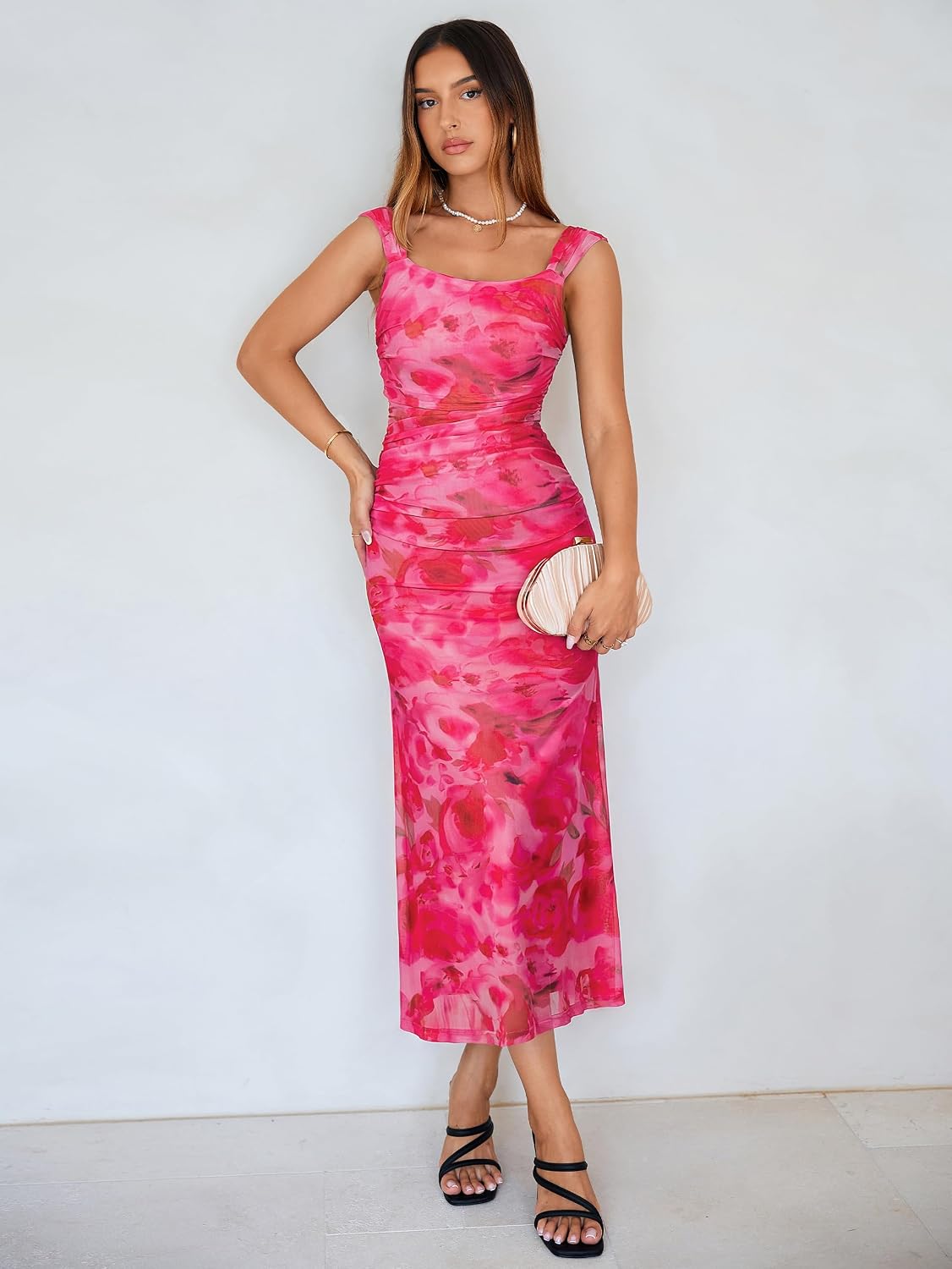 Simplee Womens Summer Wedding Guest Dress Floral Bodycon Mesh Tank Sleeveless Ruched Sexy Party Spring Formal Maxi Dress