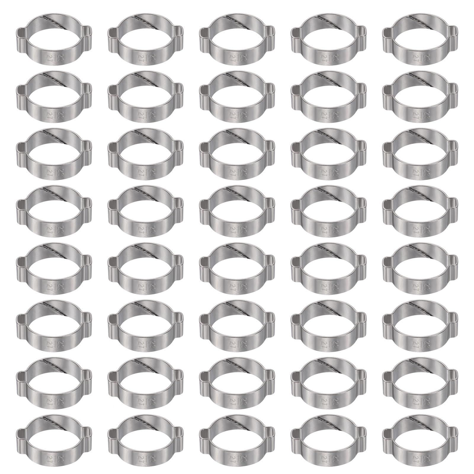 sourcing map 40pcs Double Ear Hose Clamp 23-27 mm 304 Stainless Steel Hose Clamp Double Ear O Clips Crimp Rings for Fuel Line Pipe Tube Fitting Connections, Silver