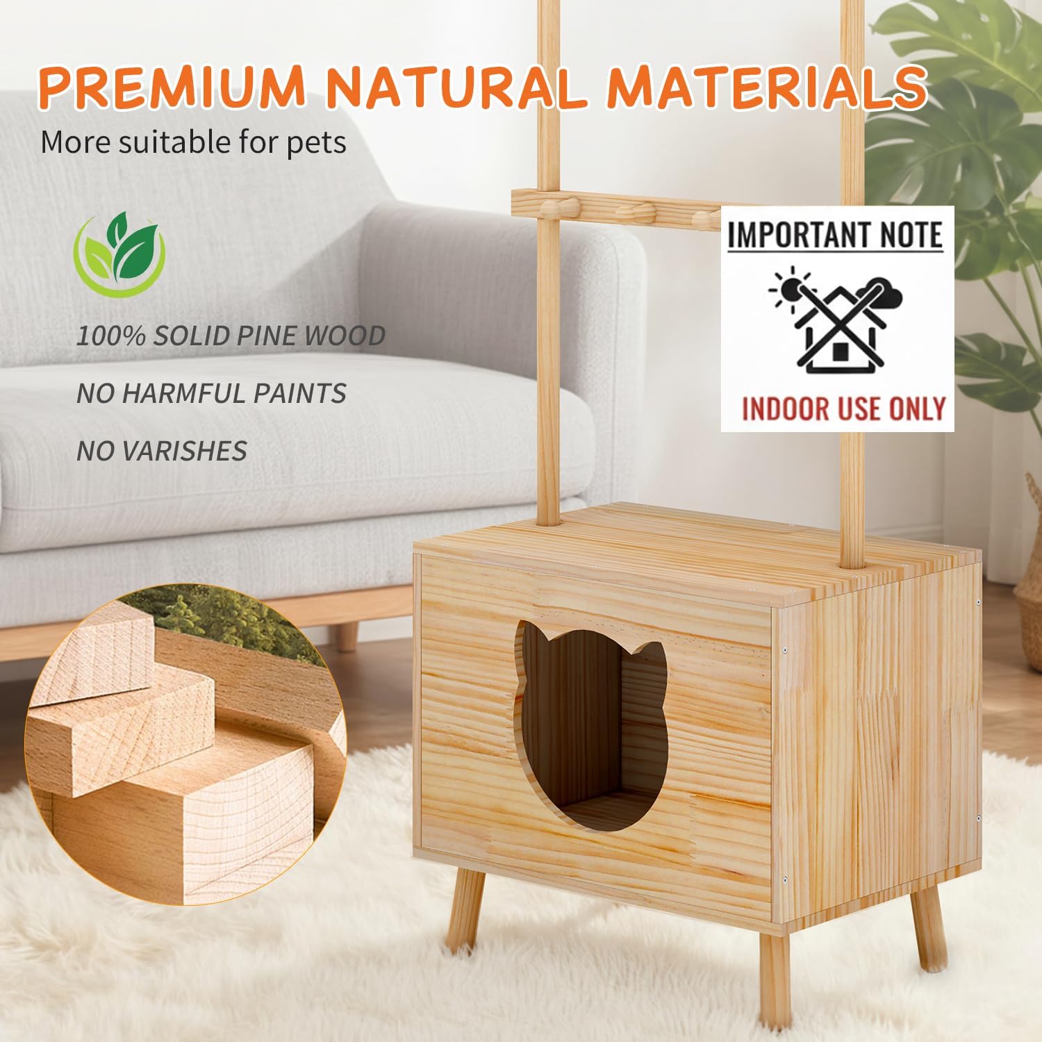 Cat House Side Table,Dog Closet Wooden Pet House Kitten Clothes Rack,Indoor Cat Activity Center for Toy Organization,No Paint (Natural)