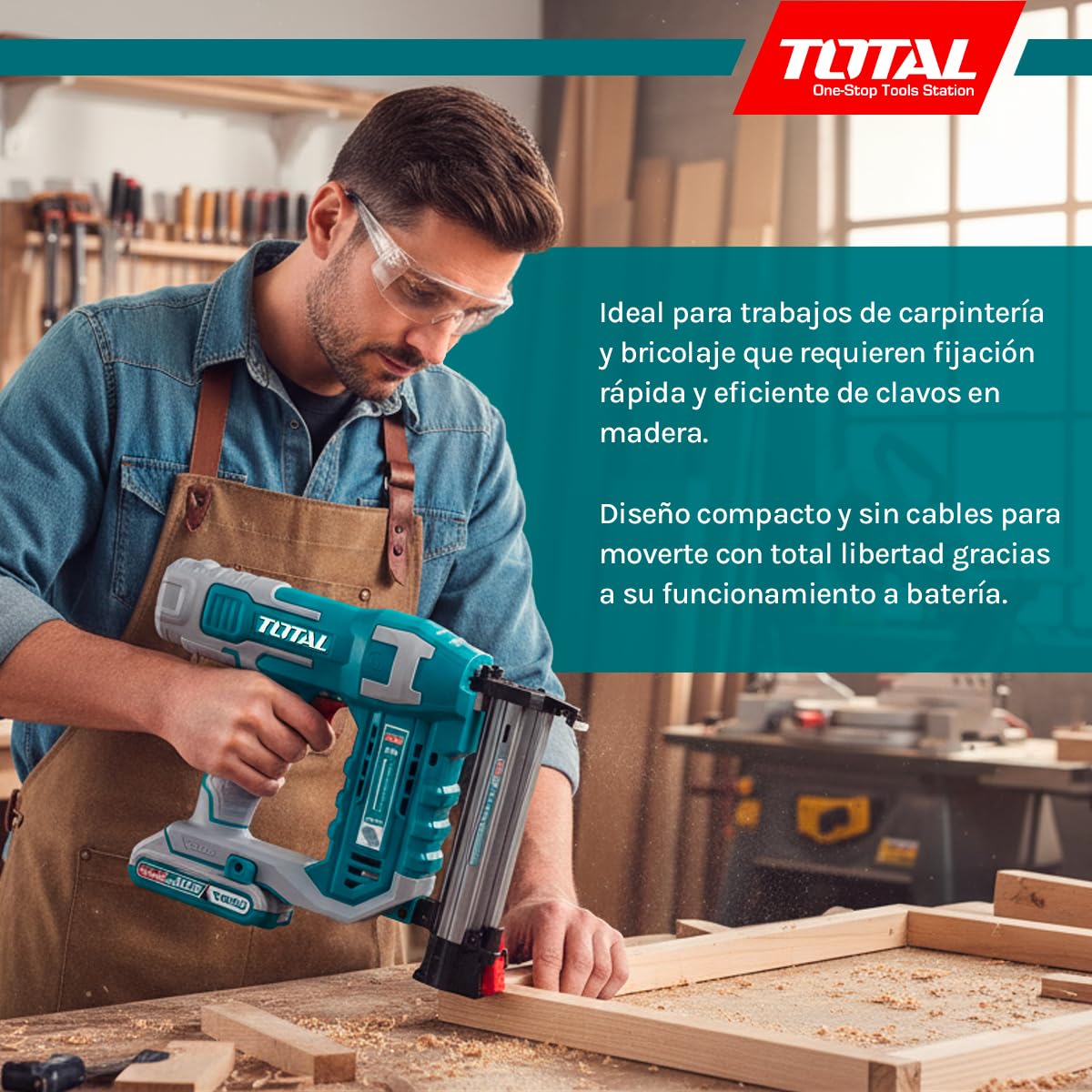 Total - Clavadora a Batería 20V - Pistola de Clavos para Carpintería y Bricolaje - Incluye Batería de 2Ah, Cargador y Maletín - Rápido Ritmo de Clavado y Diseño Compacto para Uso sin Cables