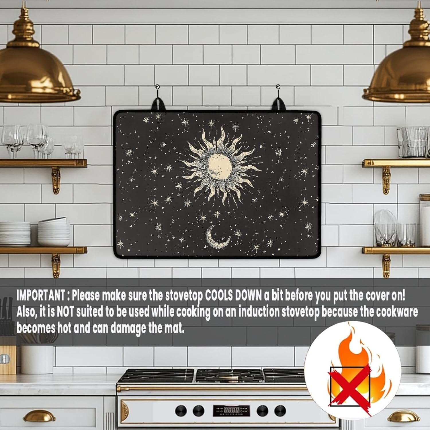 Moon Star and Sun Stove Top Cover for Electric Stove,Heat Resistant Ceramic Glass Stovetop Protector Mat,Silicone Stove Cover Thick Induction Cooktop Protector Mat（29.18"x20.96",Black)