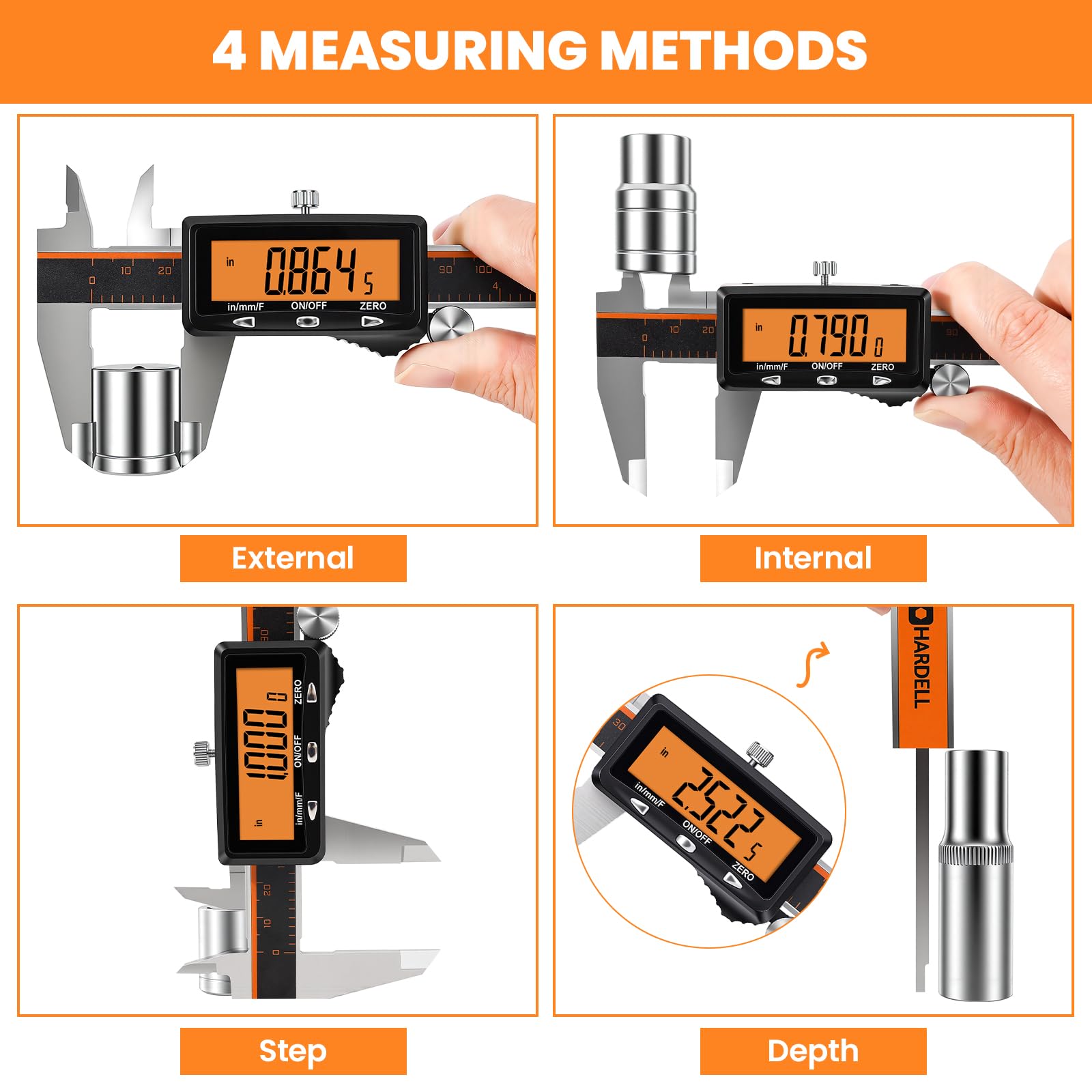 Calibrador digital de 6 pulgadas, recargable, con pantalla naranja grande (sin retroiluminación), de acero inoxidable, con apagado automático, mide en pulgadas, milímetros y fracciones para bricola