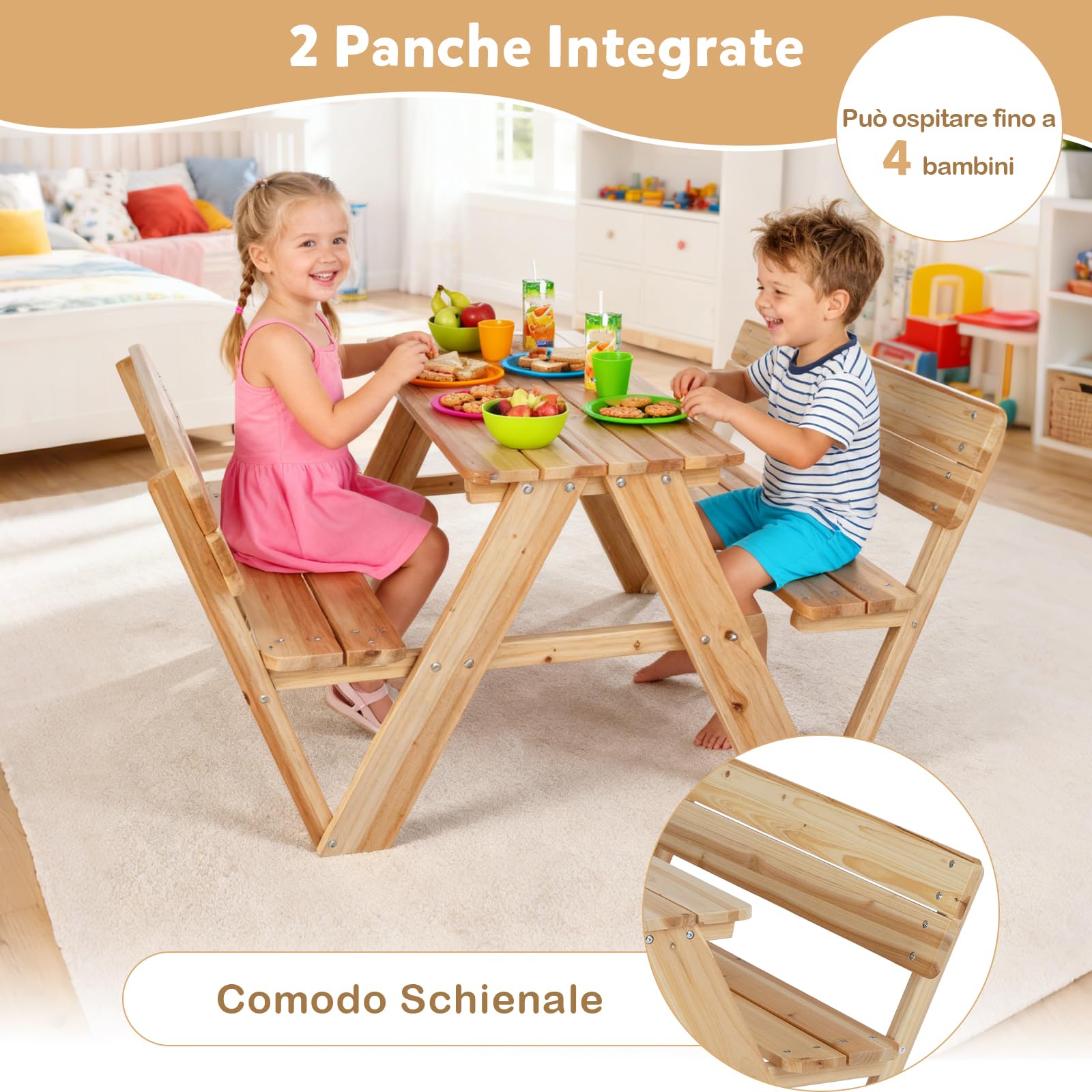 COSTWAY Tavolo da Picnic per Bambini in Legno con 2 Panche Integrate | Set di Tavolo e Sedie per Attività all'Aperto, Mobili per Bambini 3+ Anni per Cortile, Patio e Giardino