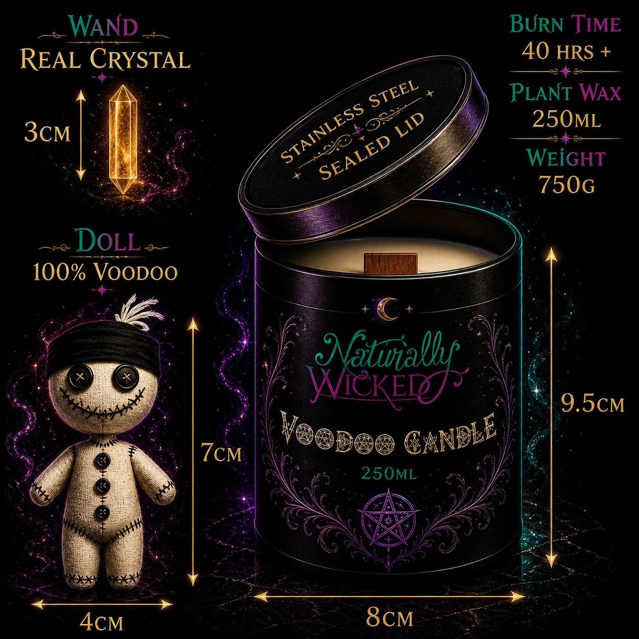Naturally Wicked® Bougie spirituelle Voodoo | Comprend une poupée vaudou et une baguette en cristal | Cire de soja naturelle, végan et sans cruauté envers les animaux