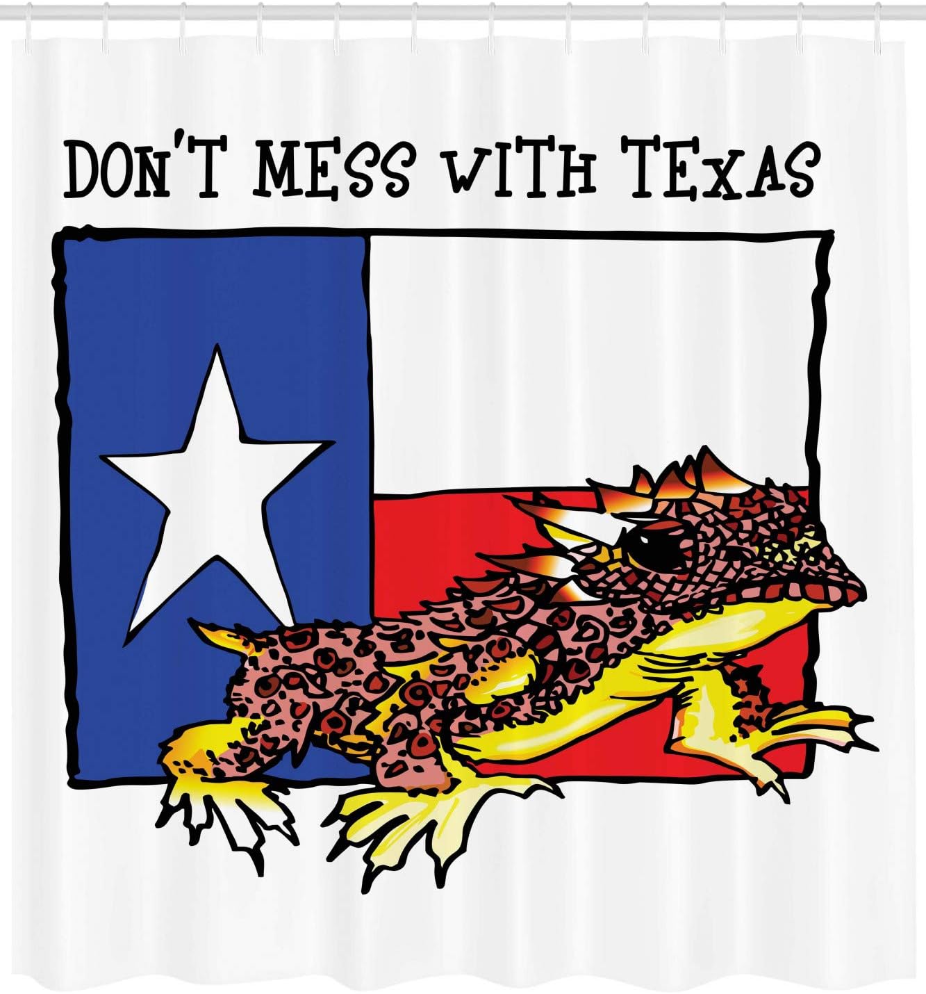 Ambesonne Reptile Shower Curtain, Illustration of Warrior Horned Toad Standing for Texas City American Dream, Cloth Fabric Bathroom Decor Set with Hooks, 69" W x 70" L, Night Blue White Red