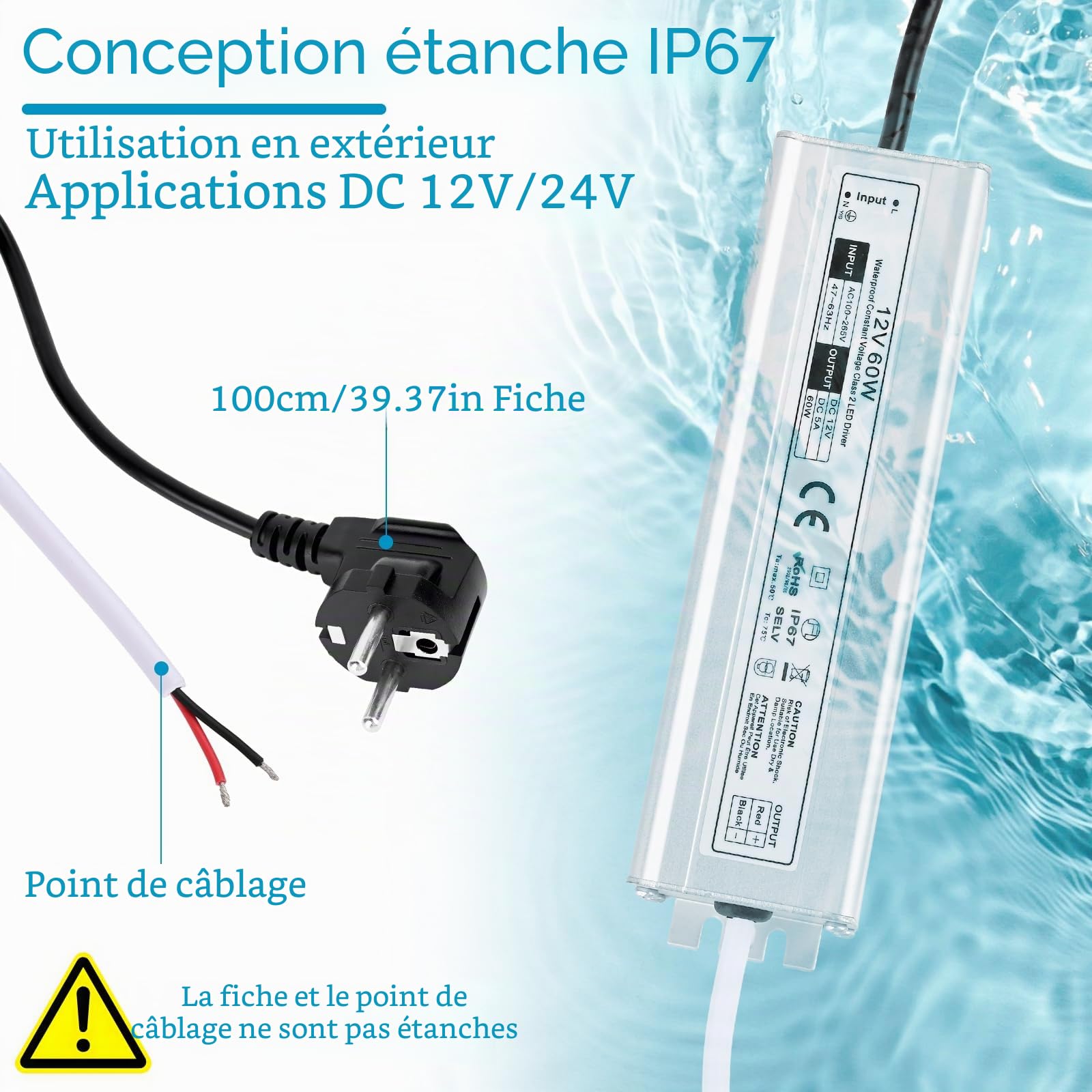 Gerbala LED Transformateur 220V 12V 60W 5A, Extérieur Etanche IP67 Transformer, Power Supply, Convertisseur AC 220V vers DC 12 V, Transfo Adaptateur pour Bandes, Lampes et Projecteurs