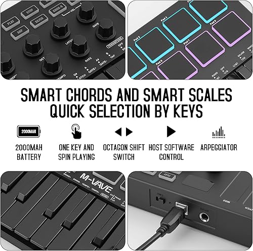 Miniatura 61 de M-WAVE Controlador de teclado MIDI USB de 25 teclas con 8 almohadillas retroiluminadas, teclado dinámico profesional semiponderado Bluetooth, 8